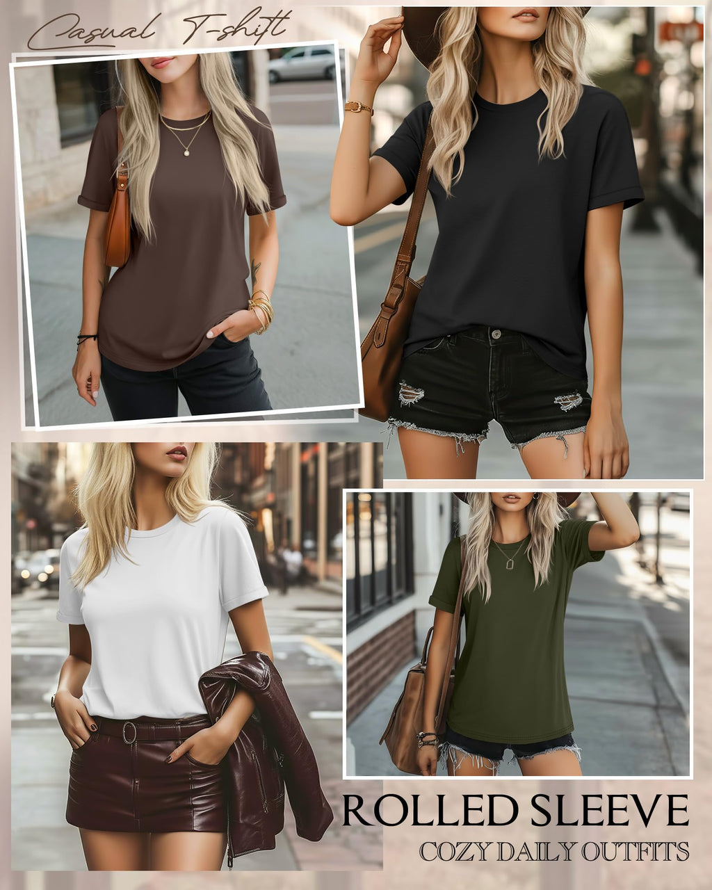 Ficerd 4 Pack Women's Cotton T Shirts Casual Short Sleeve Tunic Tops Crewneck Plain Summer Loose Fit Rolled Sleeve Basic Tee(Black, Dark Gray, Light Gray, White,Large)
