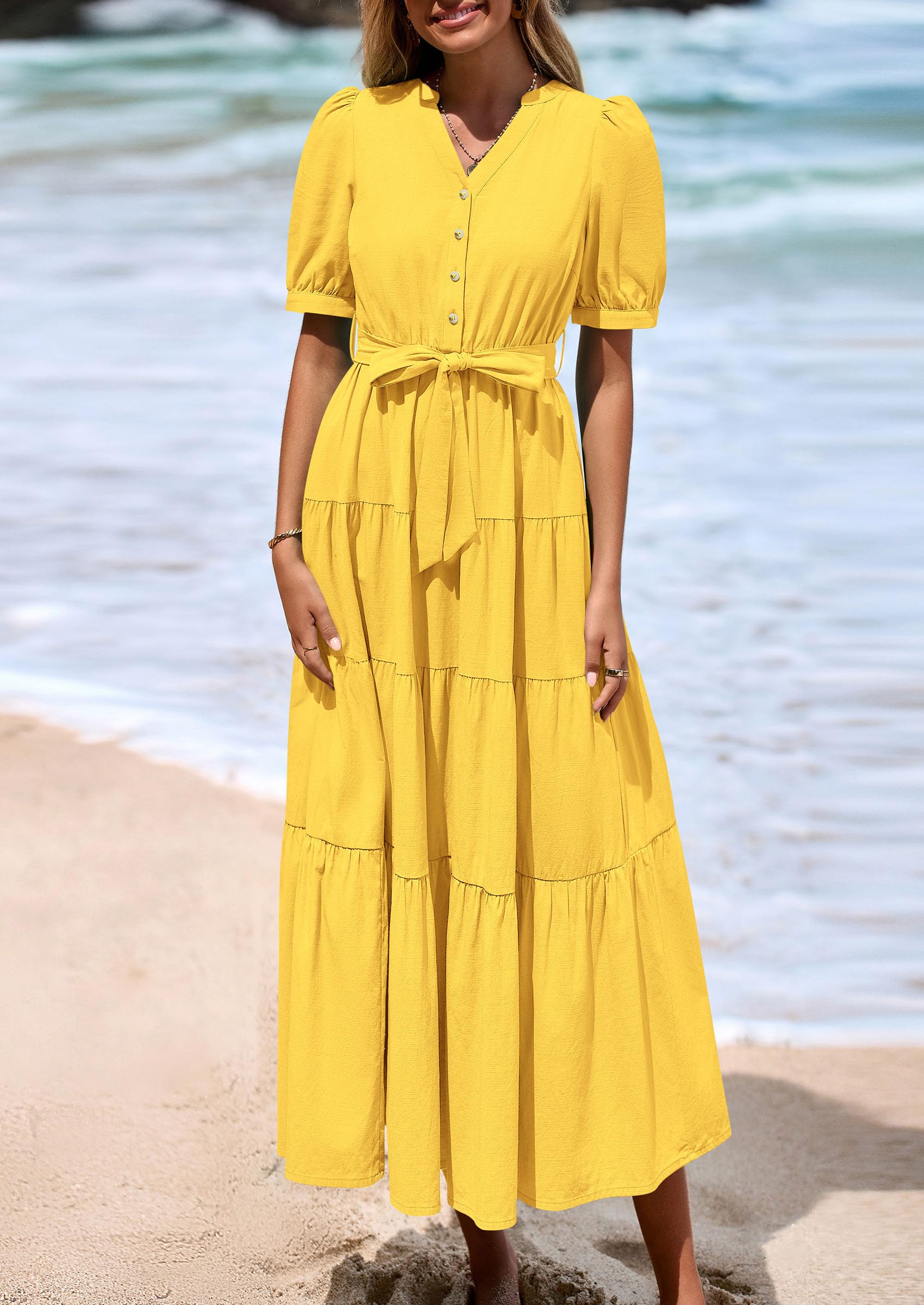 PRETTYGARDEN Summer Dresses for Women 2026 Elegant Classy Short Sleeve V Neck Ruffle A Line Belted Long Beach Vacation Dress (Yellow,XX-Large)
