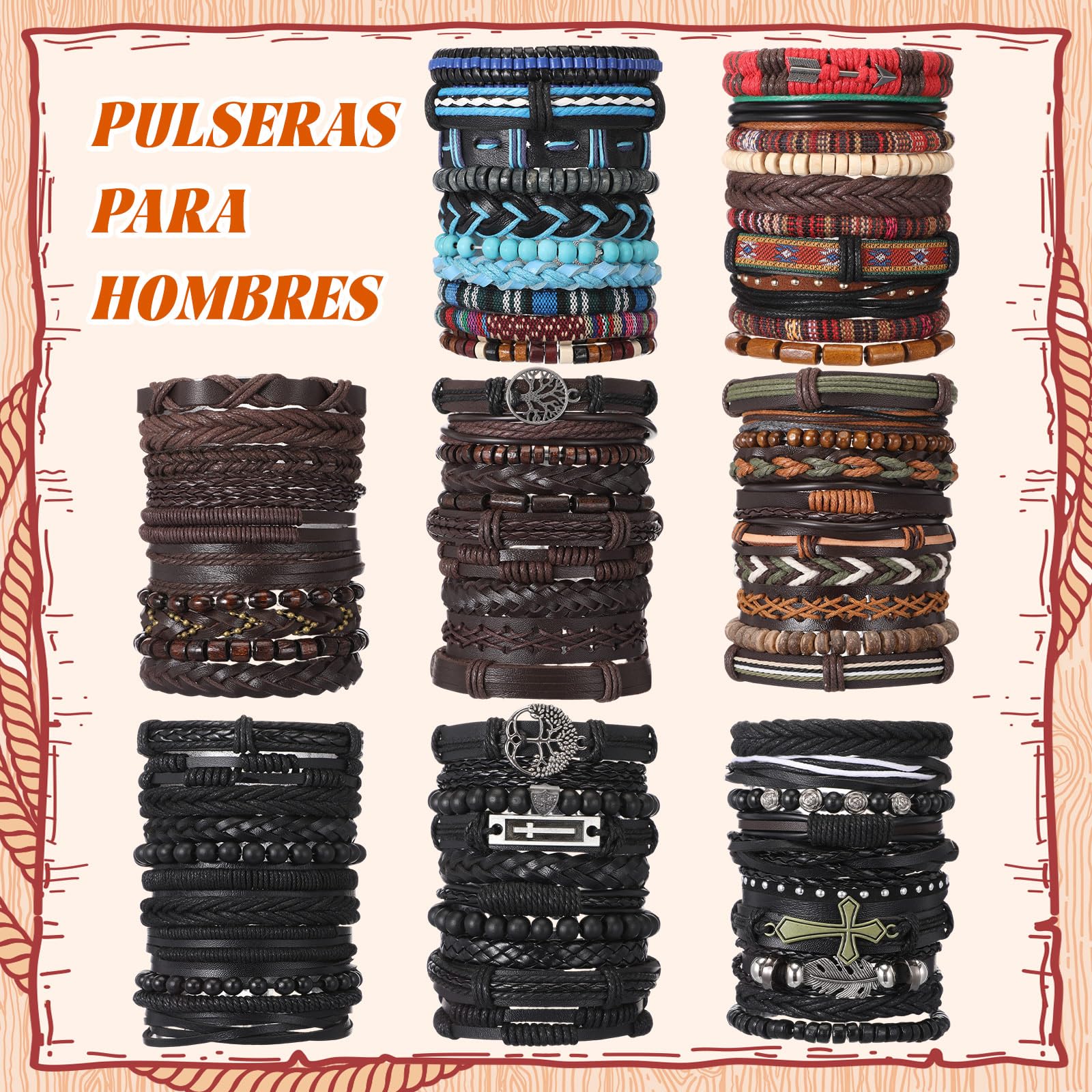 Unittype 80 Pcs Braided Leather Bracelets for Men Women Wrap Wood Beads Cuff Bracelet, Hemp Cords Ethnic Tribal Handmade Wrap Wristband Bracelets Set Adjustable