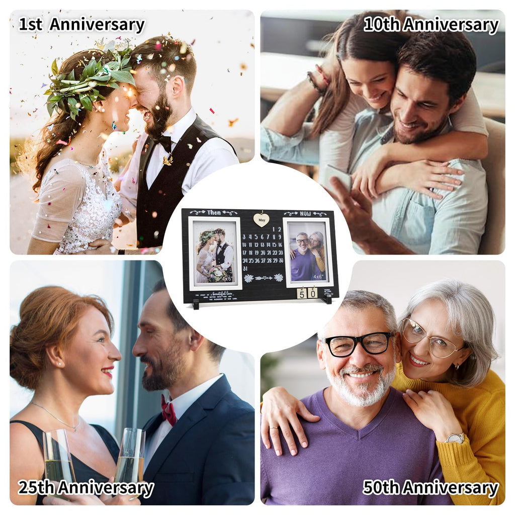 DIY Anniversary Wooden Picture Frame — Then and Now Commemorative Gift Features Changable Wooden Month and Number Plates Wedding Anniversary Frame Retro Vintage Photo Frame Holds Two 4x6-inch photos