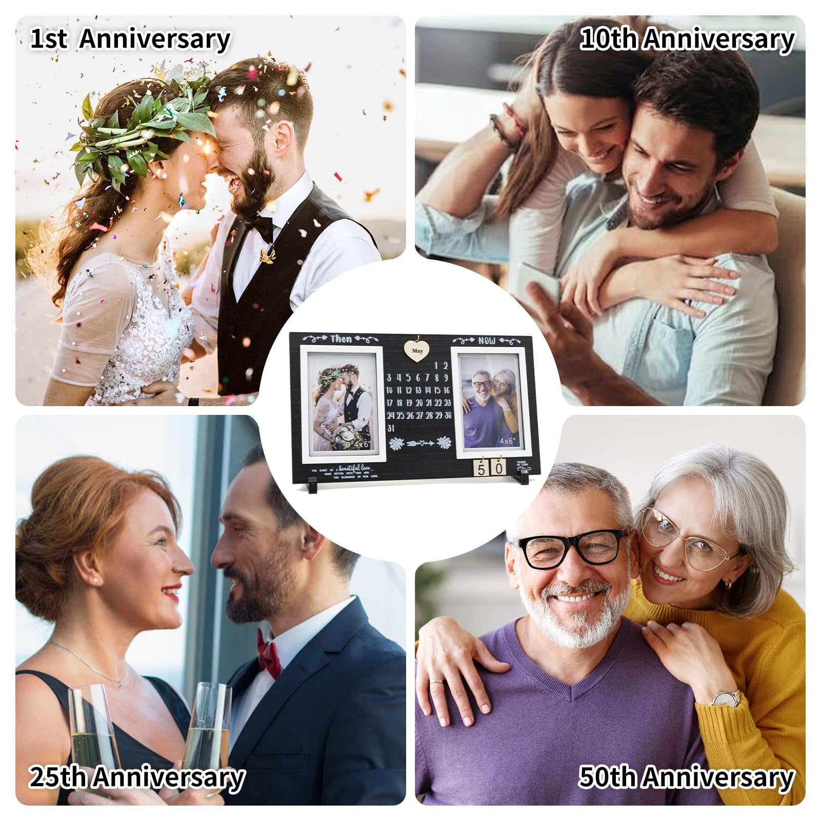 DIY Anniversary Wooden Picture Frame — Then and Now Commemorative Gift Features Changable Wooden Month and Number Plates Wedding Anniversary Frame Retro Vintage Photo Frame Holds Two 4x6-inch photos