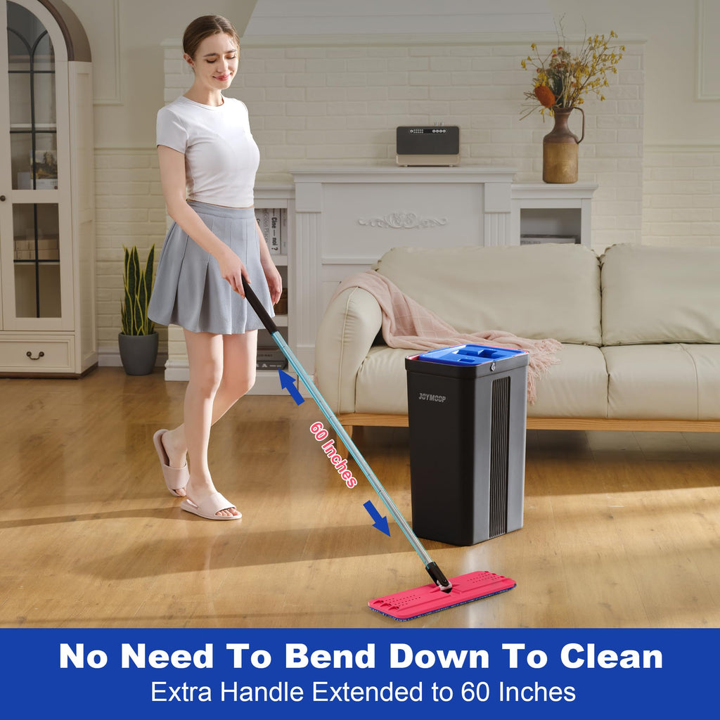 JOYMOOP Mop and Bucket with Wringer Set, Hands Free Flat Floor Mop and Bucket, with 4 Washable Microfiber Pads, Wet and Dry Use, Floor Cleaning System - Black+Red+Slate Blue