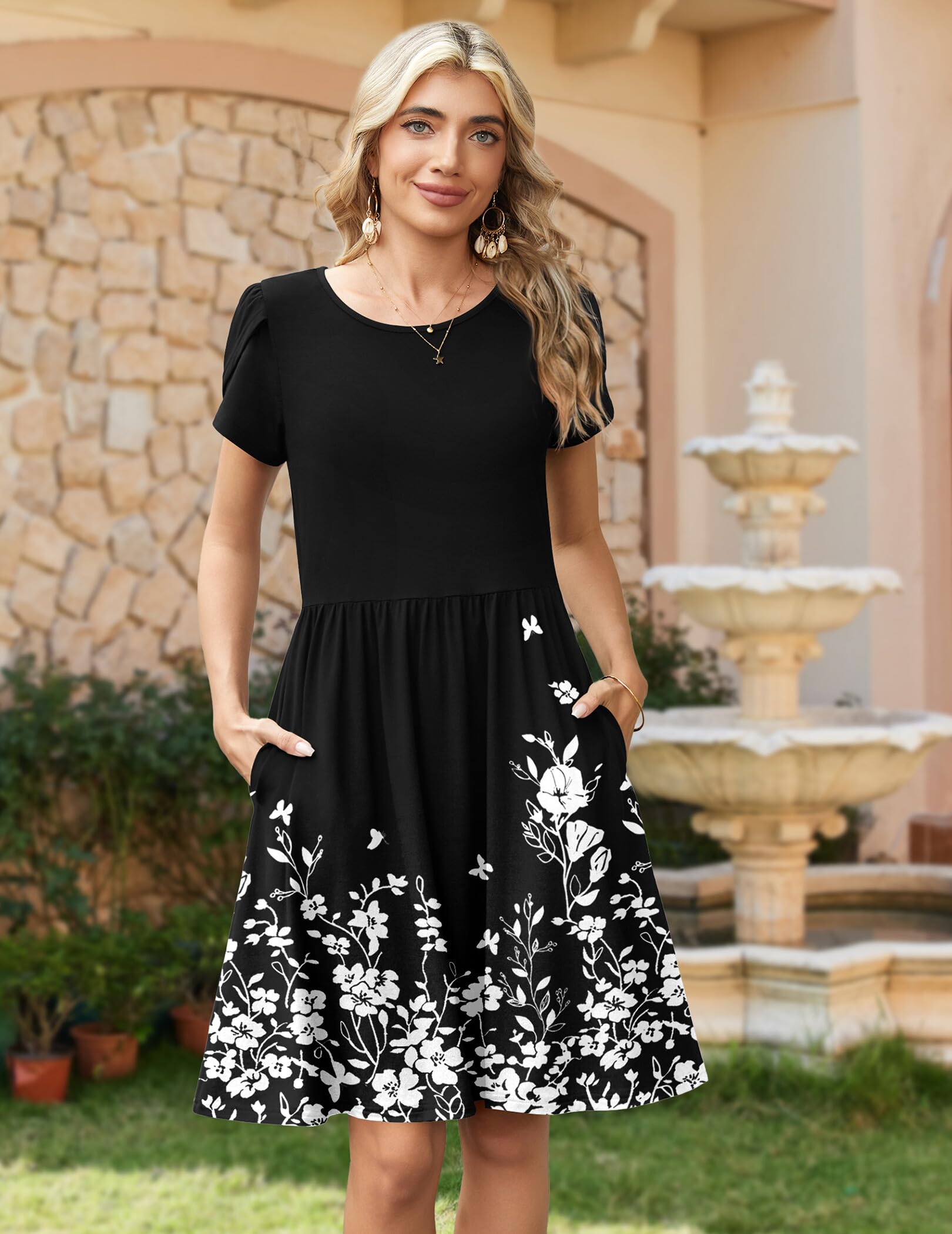 Zeagoo Flowy Summer Dresses for Women Short Sleeve Casual Floral Print 2026 A-Line Beach Mini Dress with Pockets Hawaiian Tropical Vacation