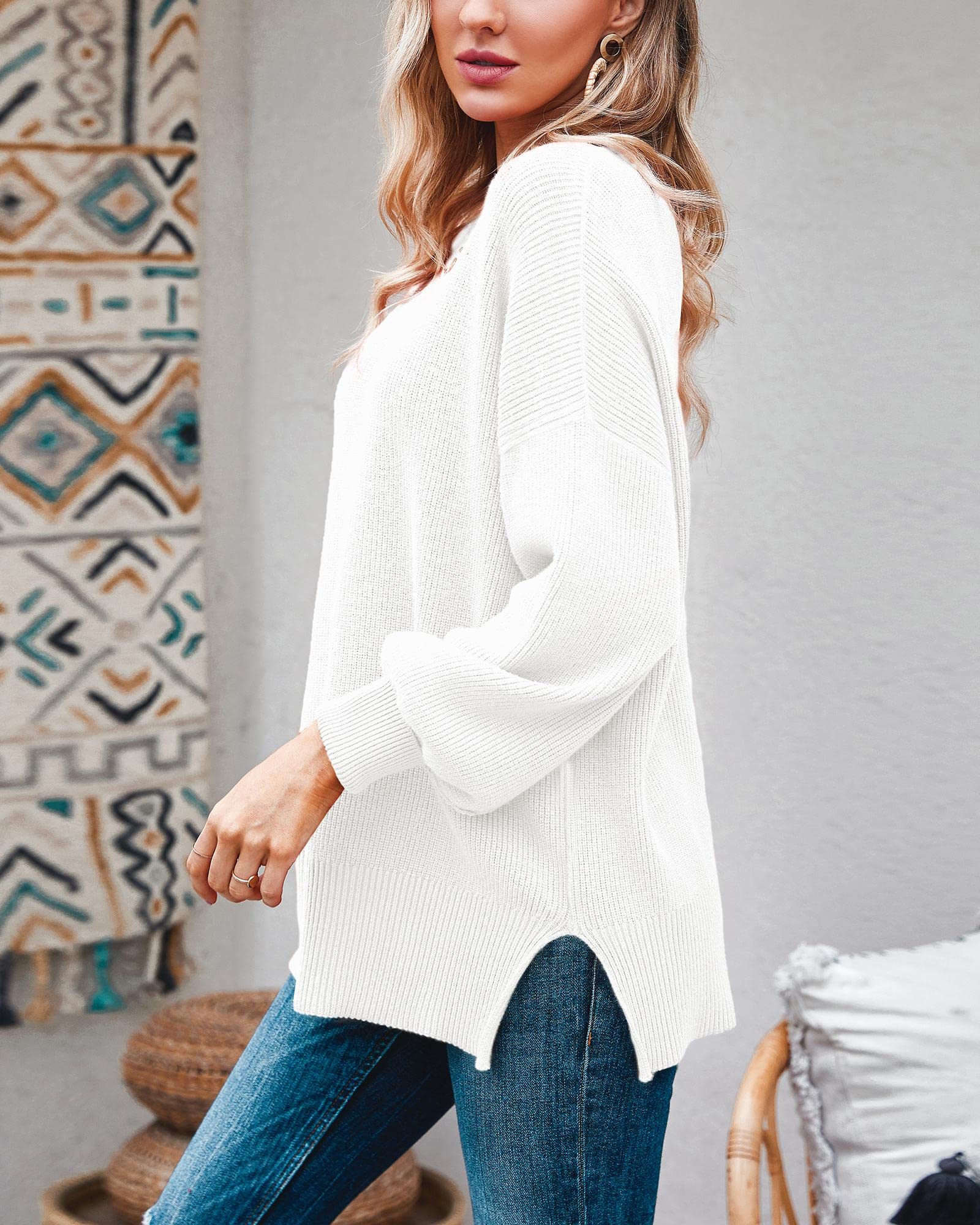 Imily Bela Womens Oversized Tunic Sweaters Fall Slouchy Long Sleeve Ribbed Knit Side Slit Pullover Jumper White