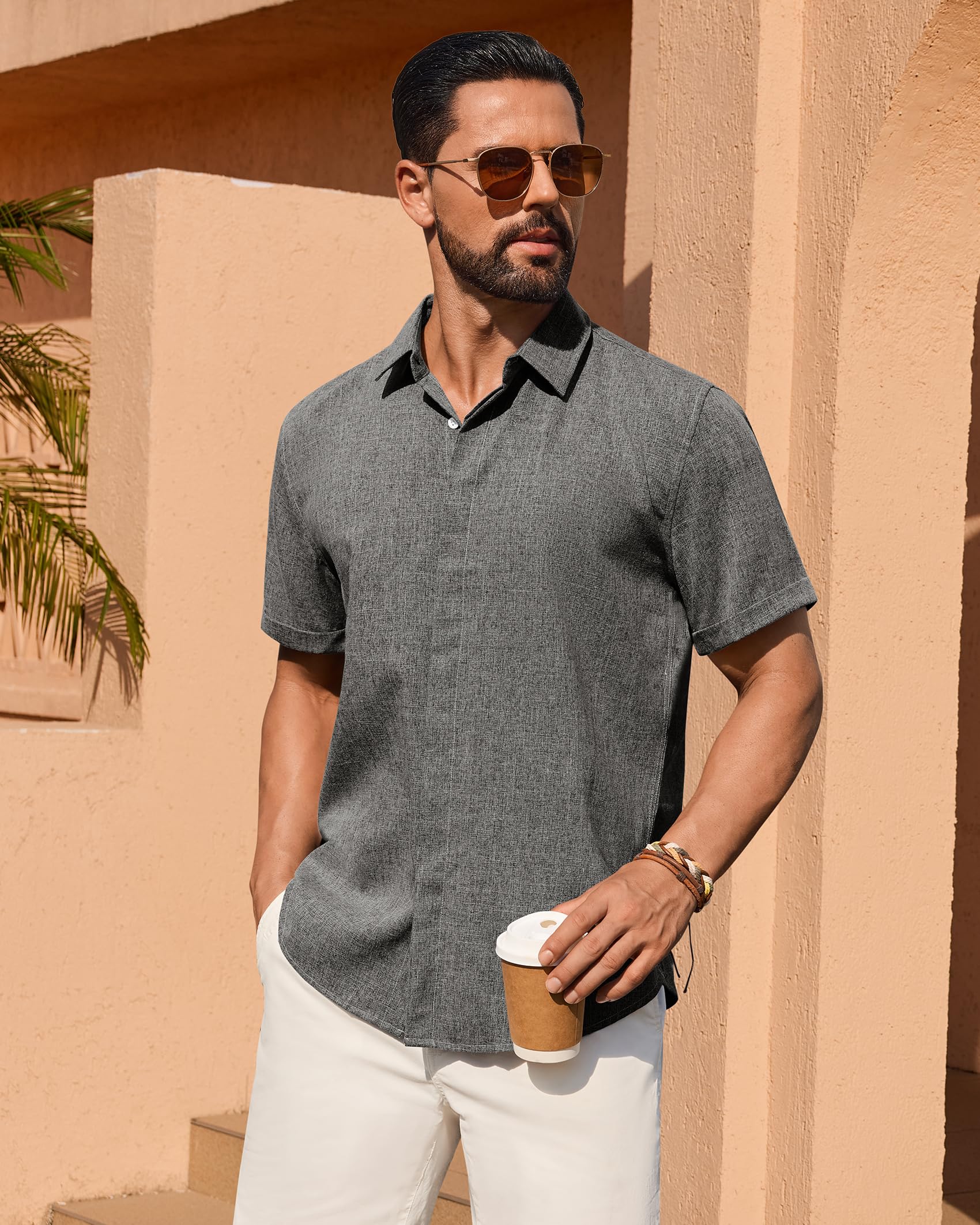 Alimens & Gentle Mens Linen Shirt Gray Short Sleeve Button Down Casual Lightweight Vacation Resort Workwear XXXXL