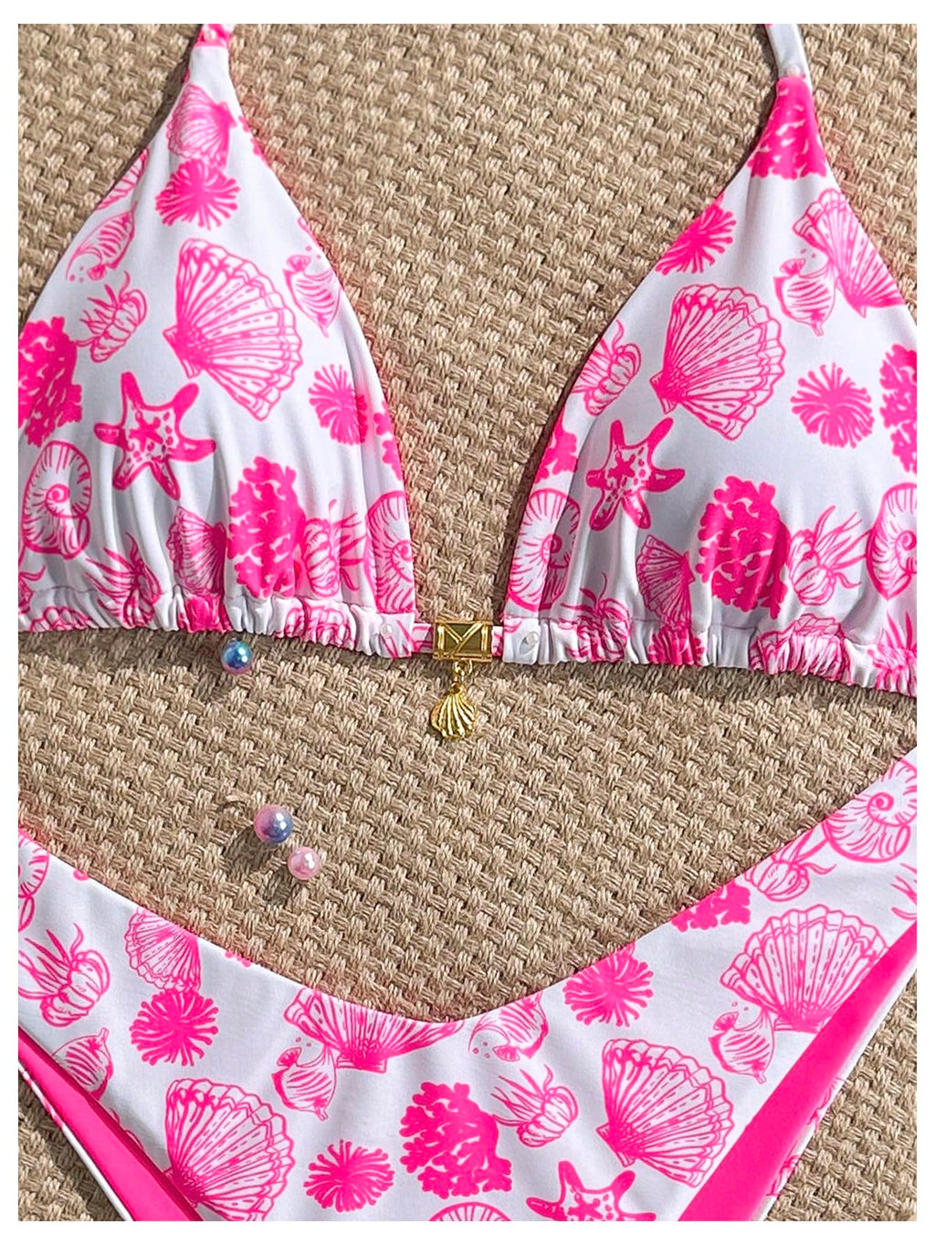 WDIRARA Women's 2 Piece Bikini Set Seashell Halter Triangle String Swimsuit High Cut Bathing Suit Pink X-Small