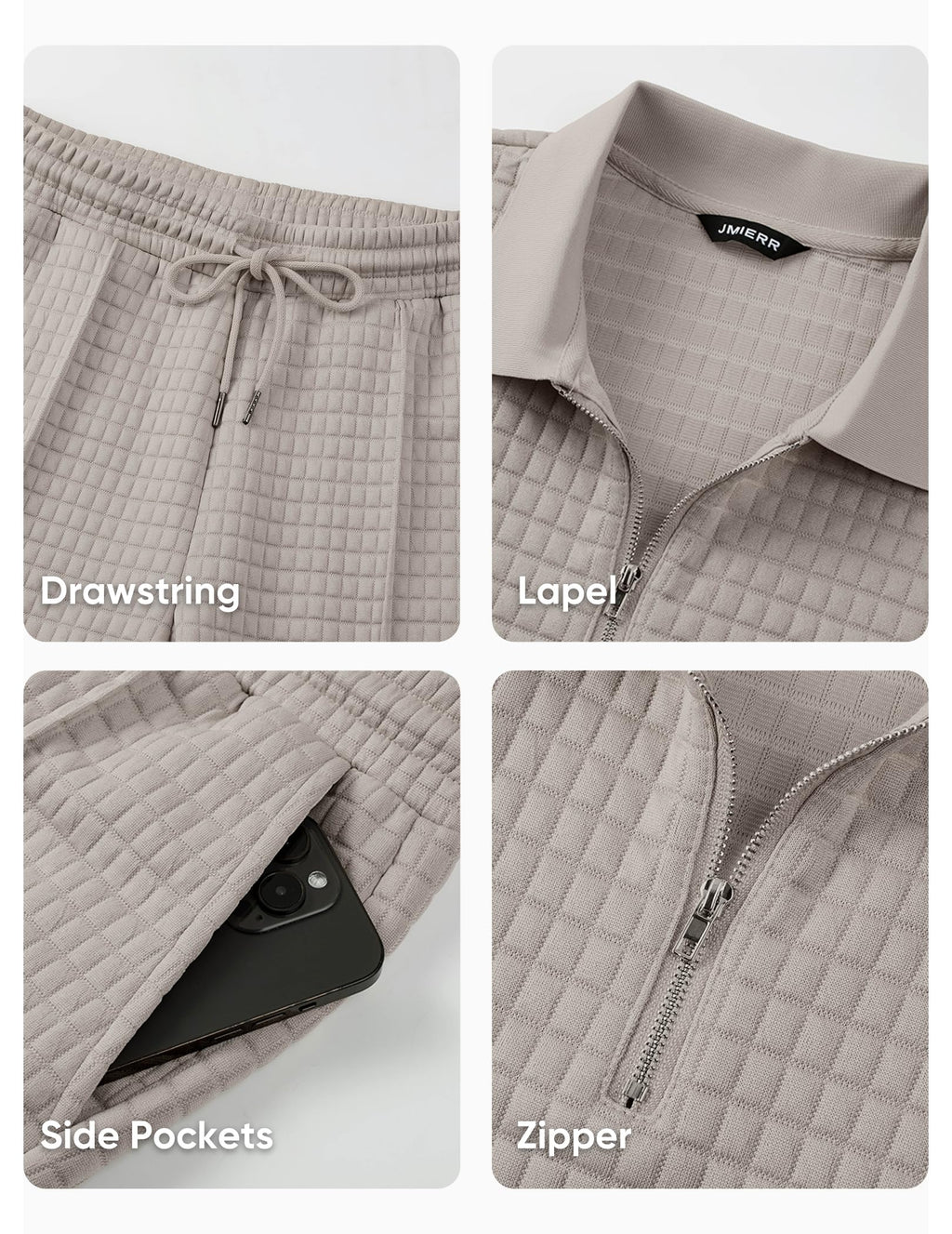 JMIERR Mens Summer Outfits Short Sets 2 Piece Outfits Waffle Textured Quater Zip Polo Shirts Casual Loose Beach Pant Vacation Old Money Cothes, S, Khaki