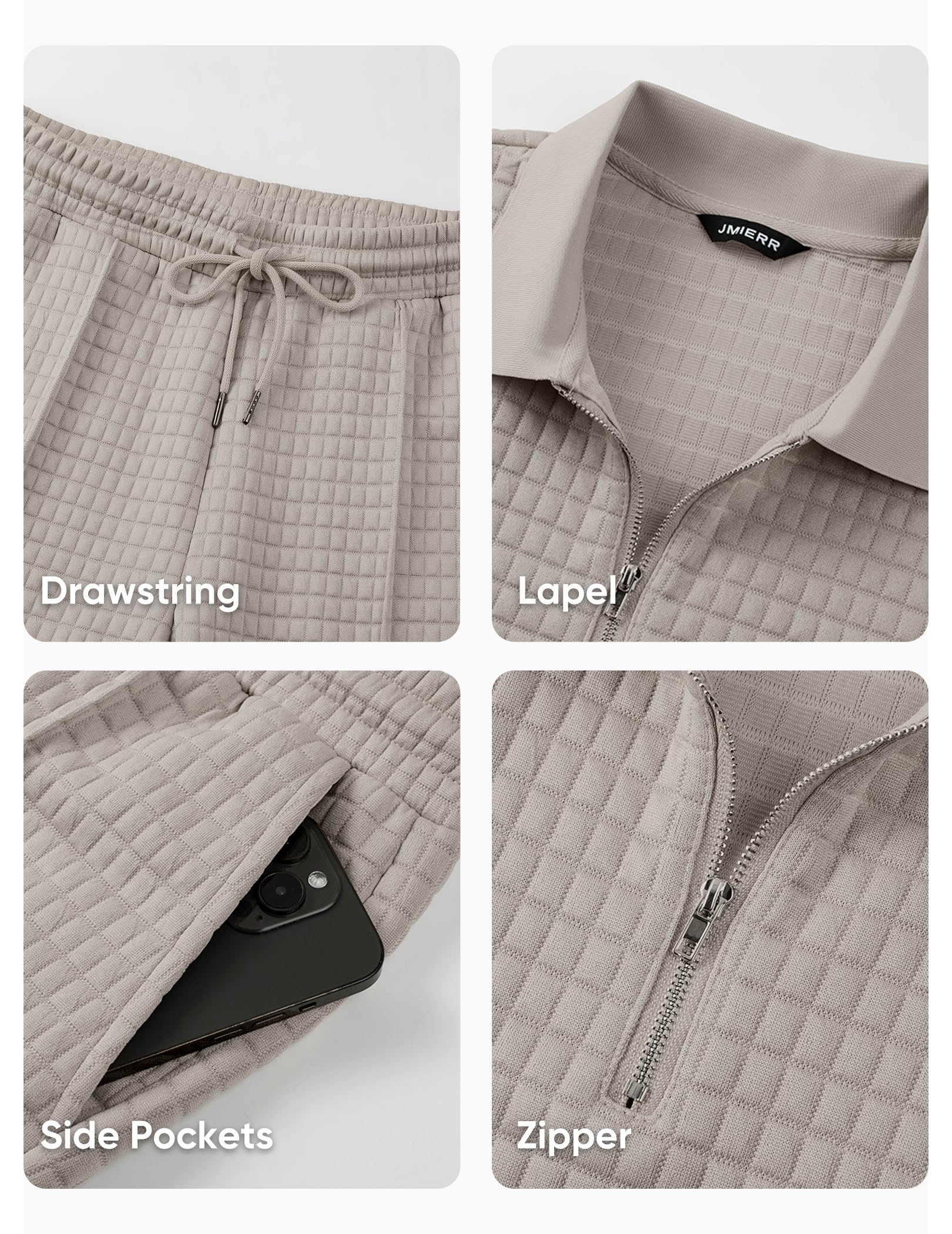 JMIERR Mens Summer Outfits Short Sets 2 Piece Outfits Waffle Textured Quater Zip Polo Shirts Casual Loose Beach Pant Vacation Old Money Cothes, S, Khaki