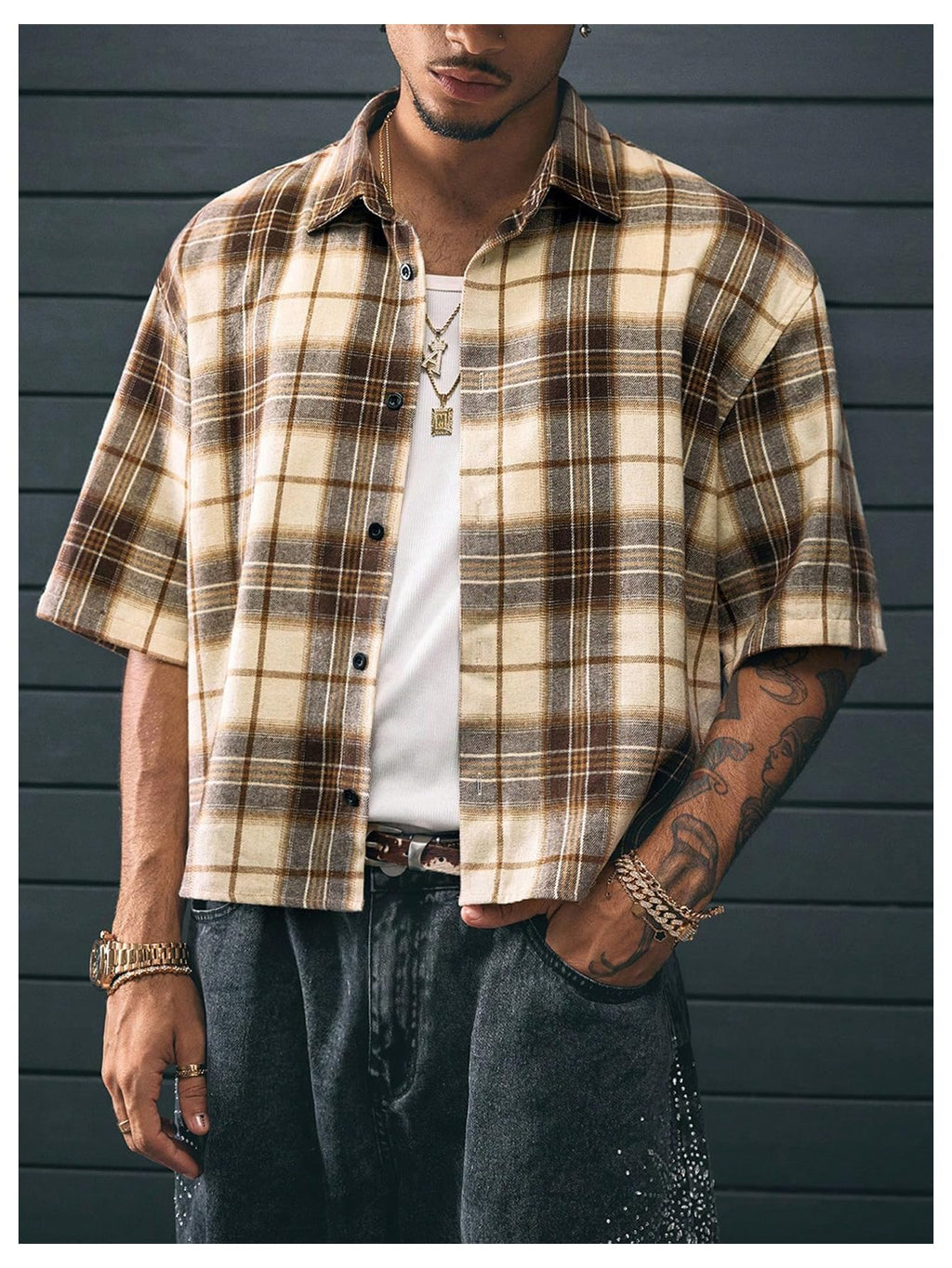 GORGLITTER Men's Gingham Cropped Shirt Button Up Number Graphic Boxy Short Sleeve Vacation Crop Tee Tops Streetwear Brown Large