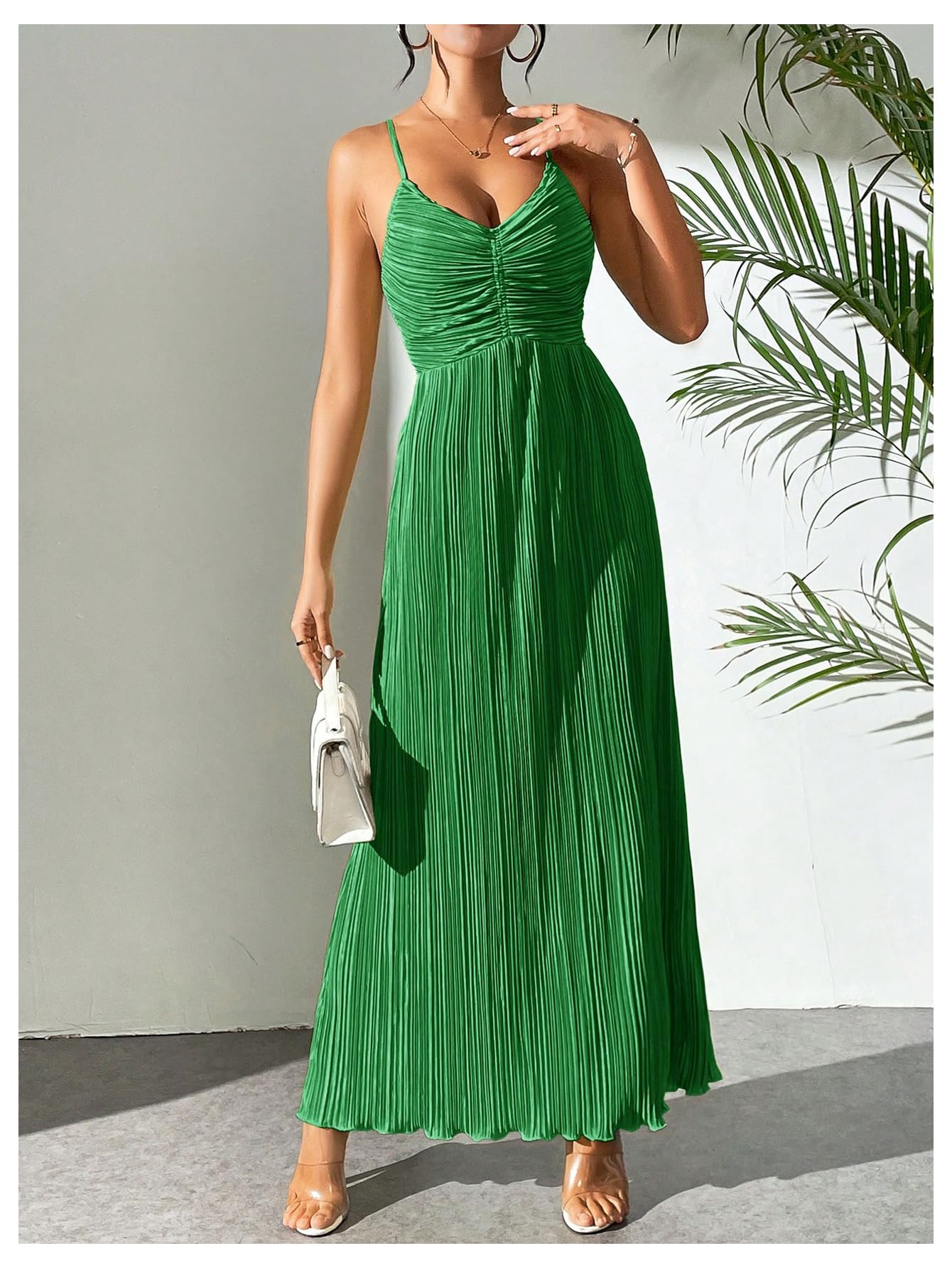 OYOANGLE Women's Summer Textured V Neck Sundress Tie Back Spaghetti Strap Pleated A Line Beach Long Maxi Party Dress Green Small