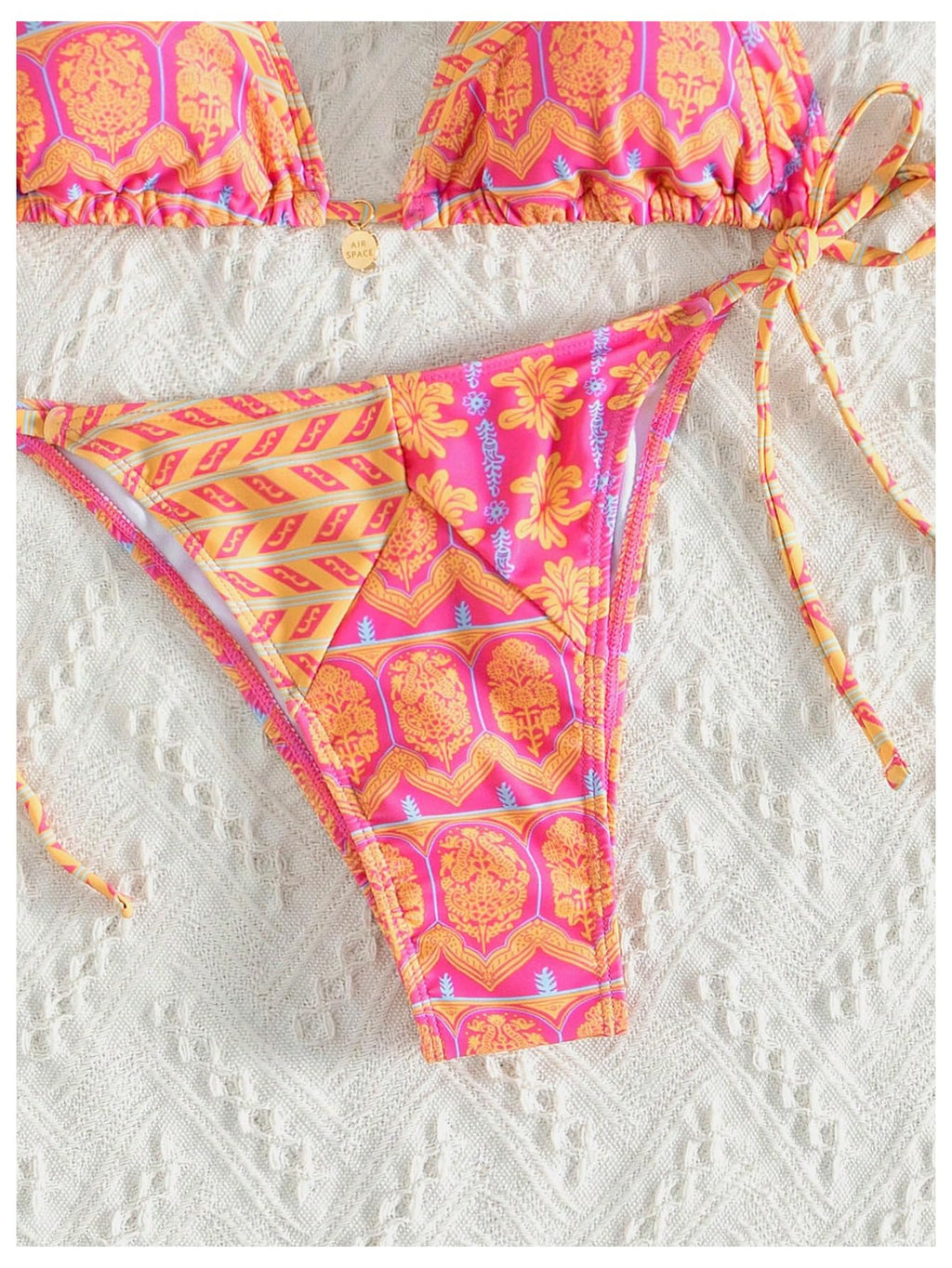 WDIRARA Women's 2 Piece Floral Print Swimsuits Geometric Halter String Triangle Bikini Set Beach Bathing Suit Pink Yellow Multi Medium