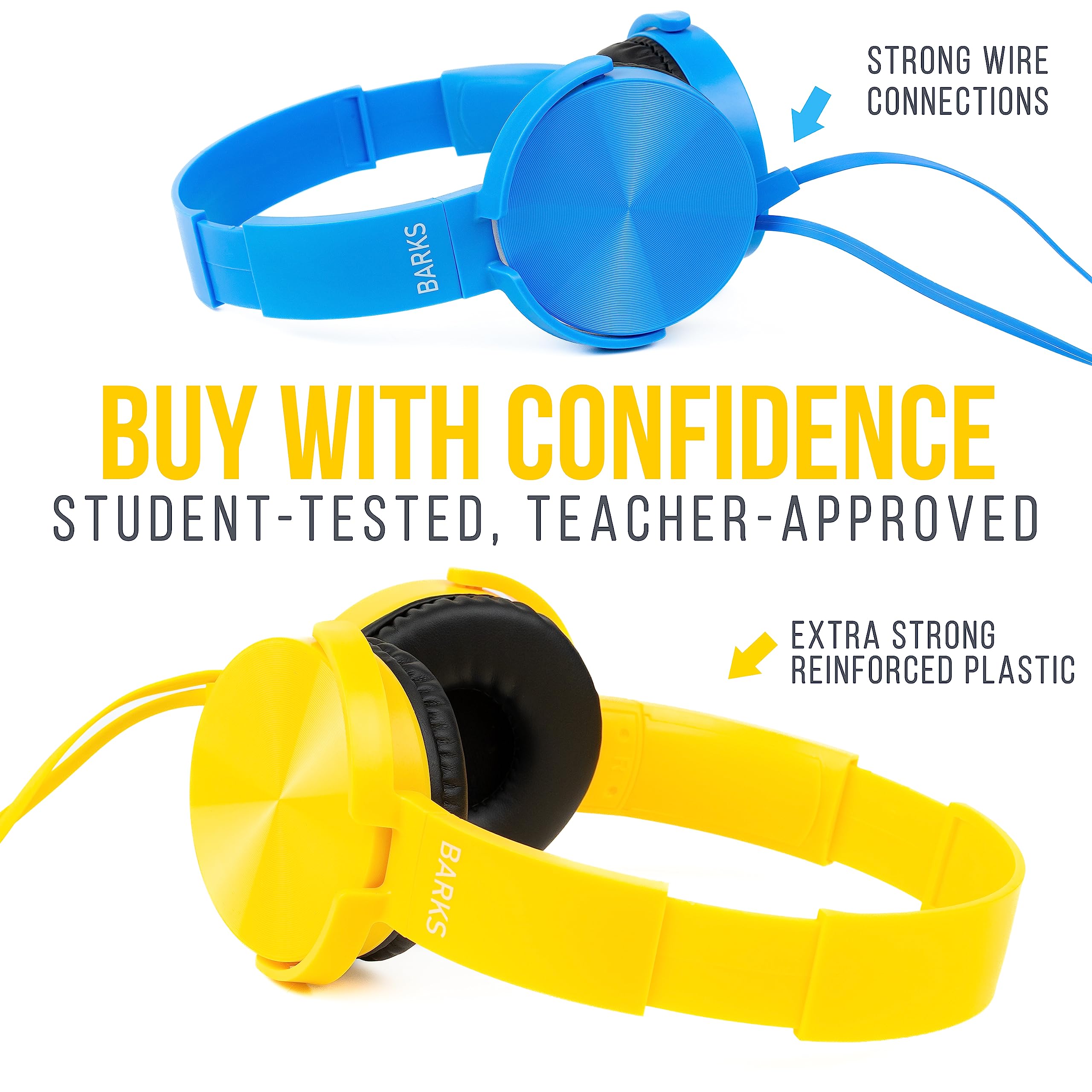 Barks Classroom Headphones (10 Pack, Mixed Colors) - On-Ear Premium Student Bulk Headphones: Perfect for Kids K-12, Schools & Class Sets (Colorful, Durable, Noise Reducing, Comfortable, Easy-to-Clean)