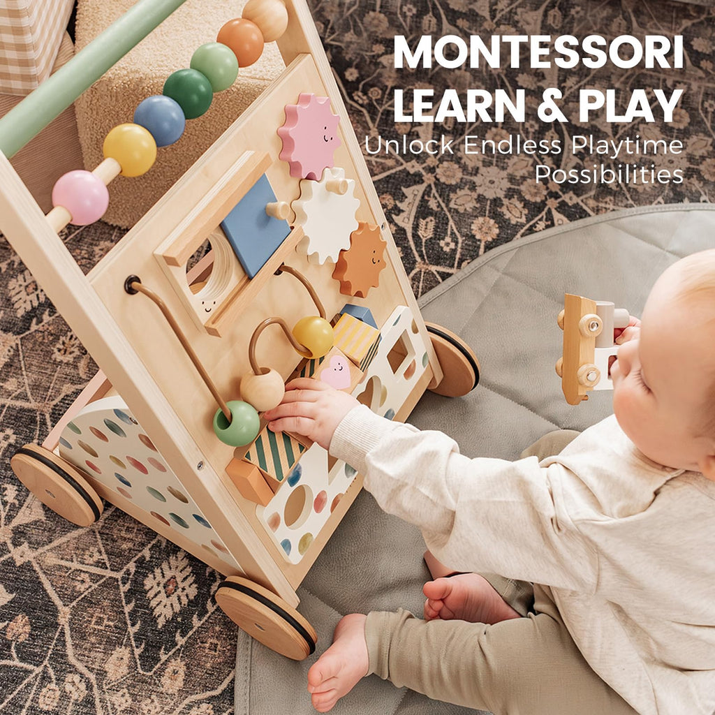 Tiny Land Wooden Baby Walker, Adjustable Speed Baby Push Walker for Boys and Girls, Montessori Activity Center Push Toy for Kids' Development, Ideal Christmas Gift for Toddlers (Morandi)