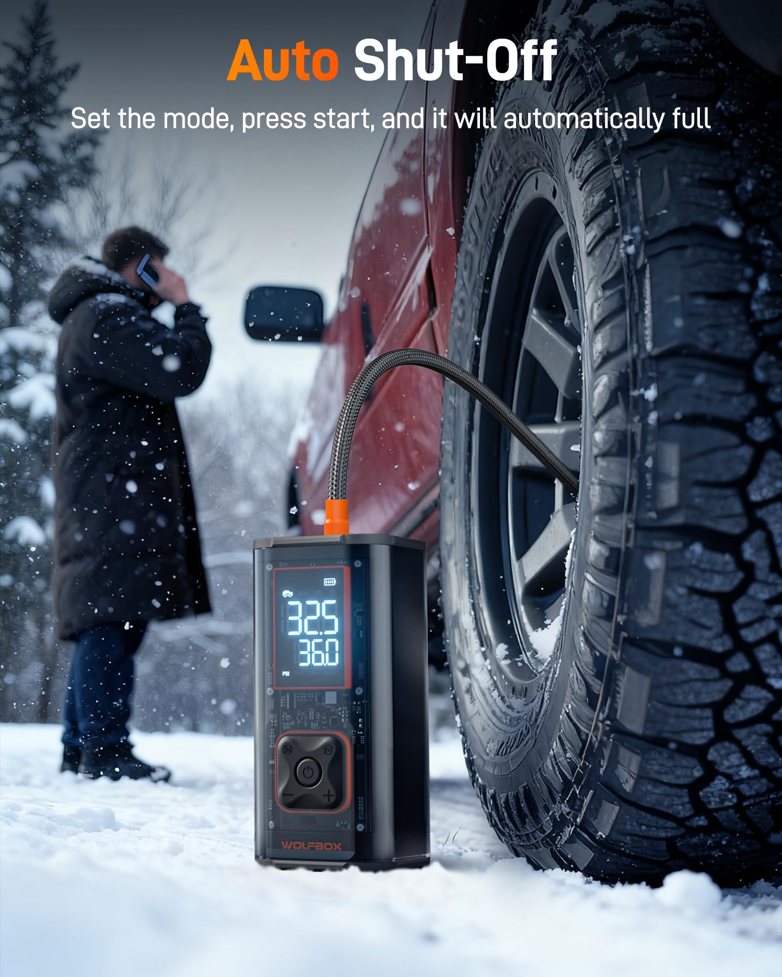WOLFBOX 150PSI Heavy Duty Tire Inflator Portable Air Compressor,Double- cylinder 45LPM Fast Air Pump for Car Tires,3.5'' LED Display,20'' Hose,Air Compressor for Car,Pickup Truck,Bike