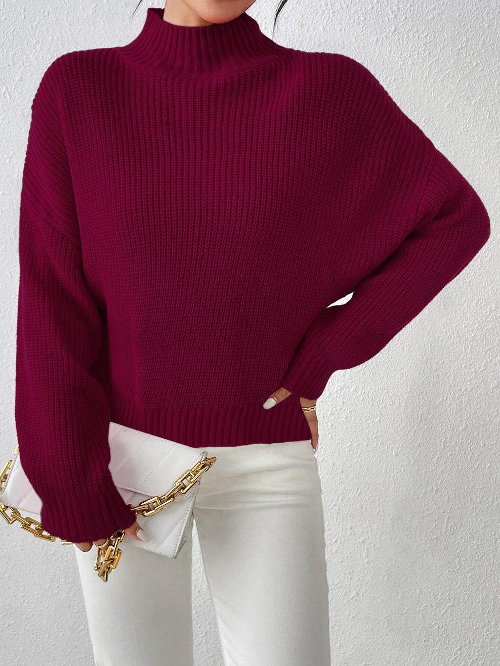 SunnyMelody Womens Cropped Turtleneck Sweater Fall Winter Spring 2025 Trendy Cute Mock Turtle Neck Cozy Soft Ribbed Knit Lightweight Long Sleeve Crop Knitted Pullover Sweaters Jumper Ancora Red S