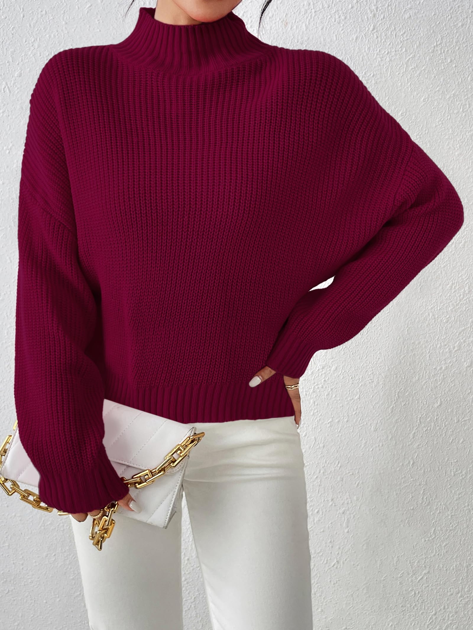 SunnyMelody Womens Cropped Turtleneck Sweater Fall Winter Spring 2025 Trendy Cute Mock Turtle Neck Cozy Soft Ribbed Knit Lightweight Long Sleeve Crop Knitted Pullover Sweaters Jumper Ancora Red S