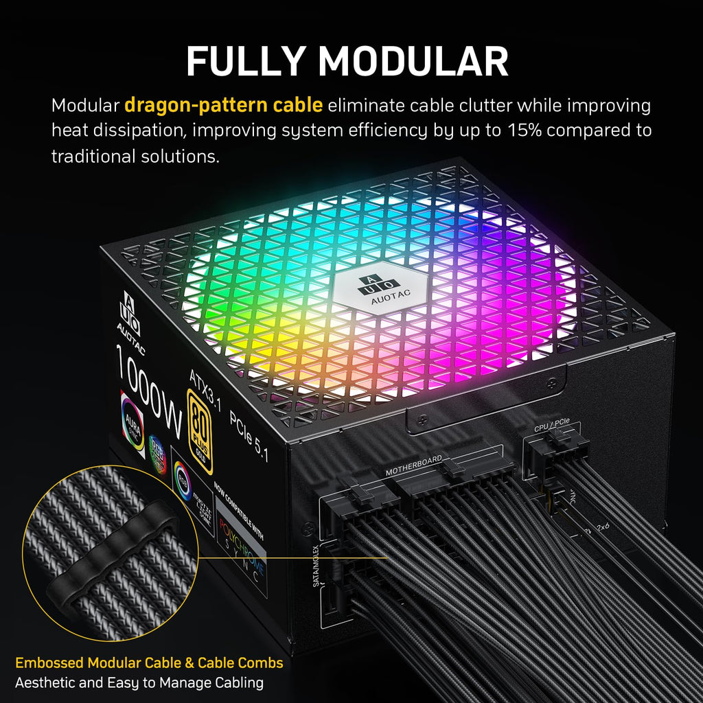 Auotac 1000W Fully Modular Power Supply 80+ Gold Certified with 12V-2x6 Cable – ATX 3.1 & PCIe 5.1 Compliant, 140mm RGB Low-Noise Smart Fan, 105℃-Rated Capacitors, Black