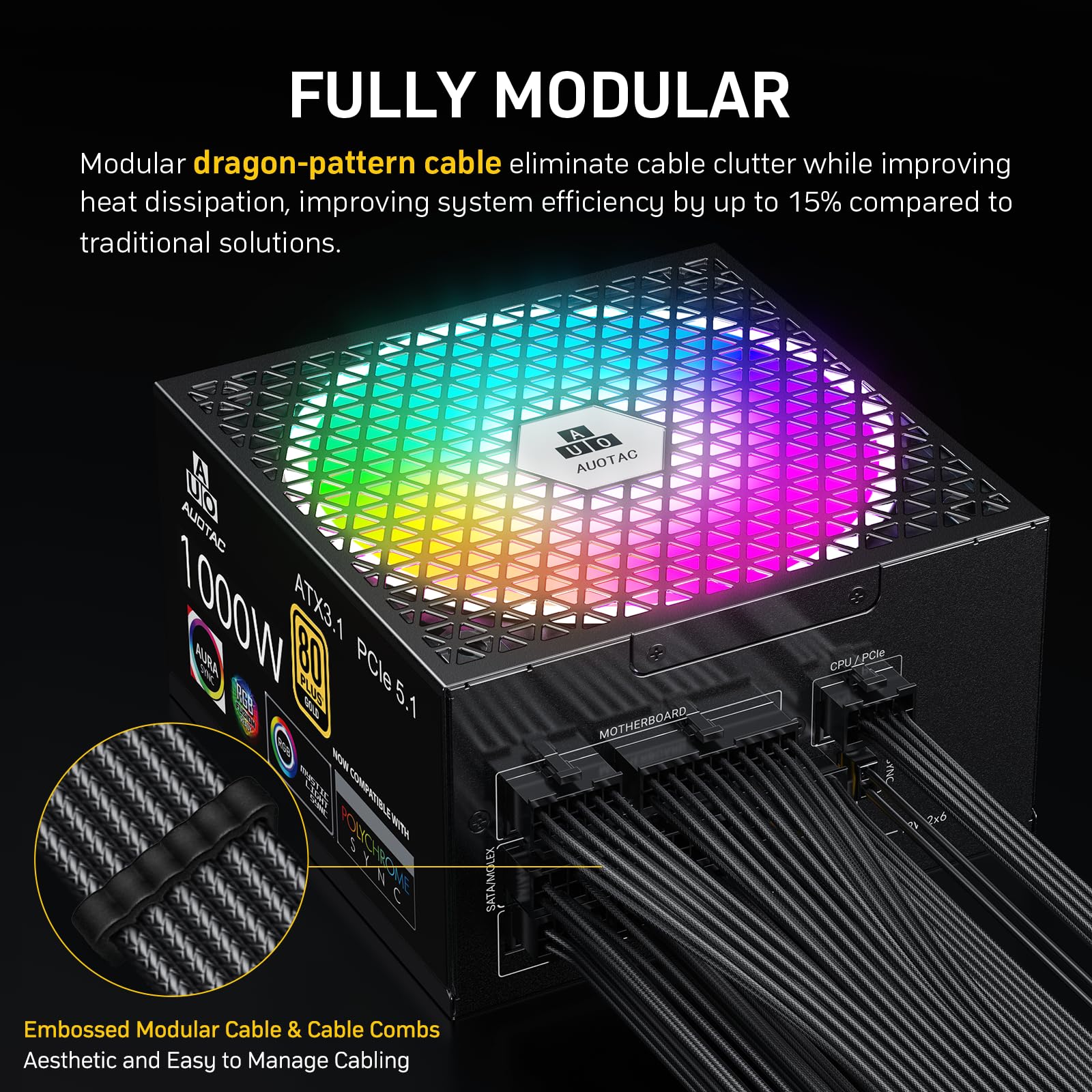 Auotac 1000W Fully Modular Power Supply 80+ Gold Certified with 12V-2x6 Cable – ATX 3.1 & PCIe 5.1 Compliant, 140mm RGB Low-Noise Smart Fan, 105℃-Rated Capacitors, Black