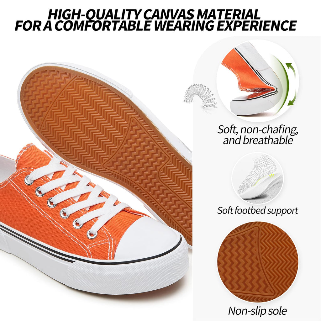 Adokoo Canvas Tennis Shoes for Women Low Top Casual White Black Sneakers for Women Lace Up Fashion Comfortable Walking Shoes (Orange,7.5)