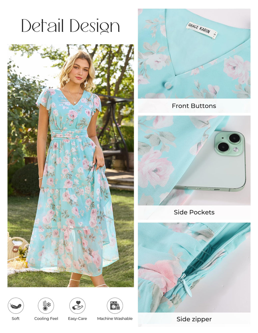 GRACE KARIN Women Summer Dress,Formal Wedding Guest Dress Maxi Floral Dresses Mint Green with Light Pink Roses S