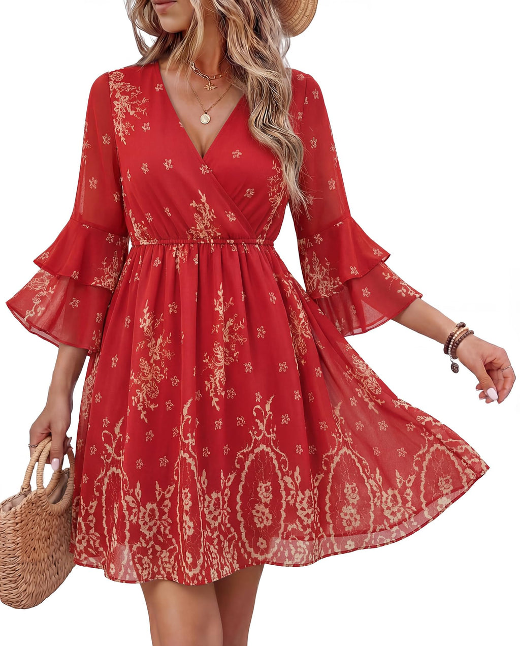 Bebonnie Plus Size Dresses for Curvy Women: Womens Summer Boho Cruise Dubai Luxury Travel Tropical Old Money Dress Wrinkle Free Elegant Wedding Guest Flattering Dresses to Hide Tummy Red Gold XXL
