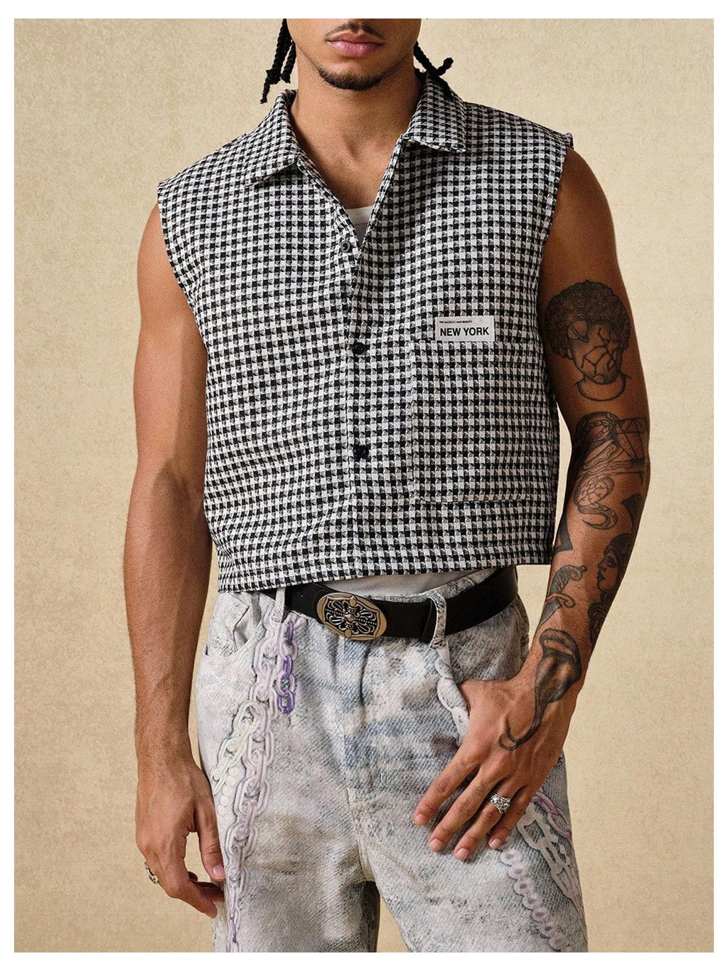 GORGLITTER Men's Gingham Plaid Cropped Shirt Button Up Sleeveless Boxy Y2K Collar Streetwear Vest Tops Black and White Small
