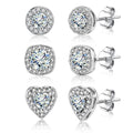 ALEXCRAFT Sterling Silver Halo Stud Earrings for Women Cubic Zirconia Round Heart Square Diamond Large Silver Studs Set Earring for Men 3 Pairs