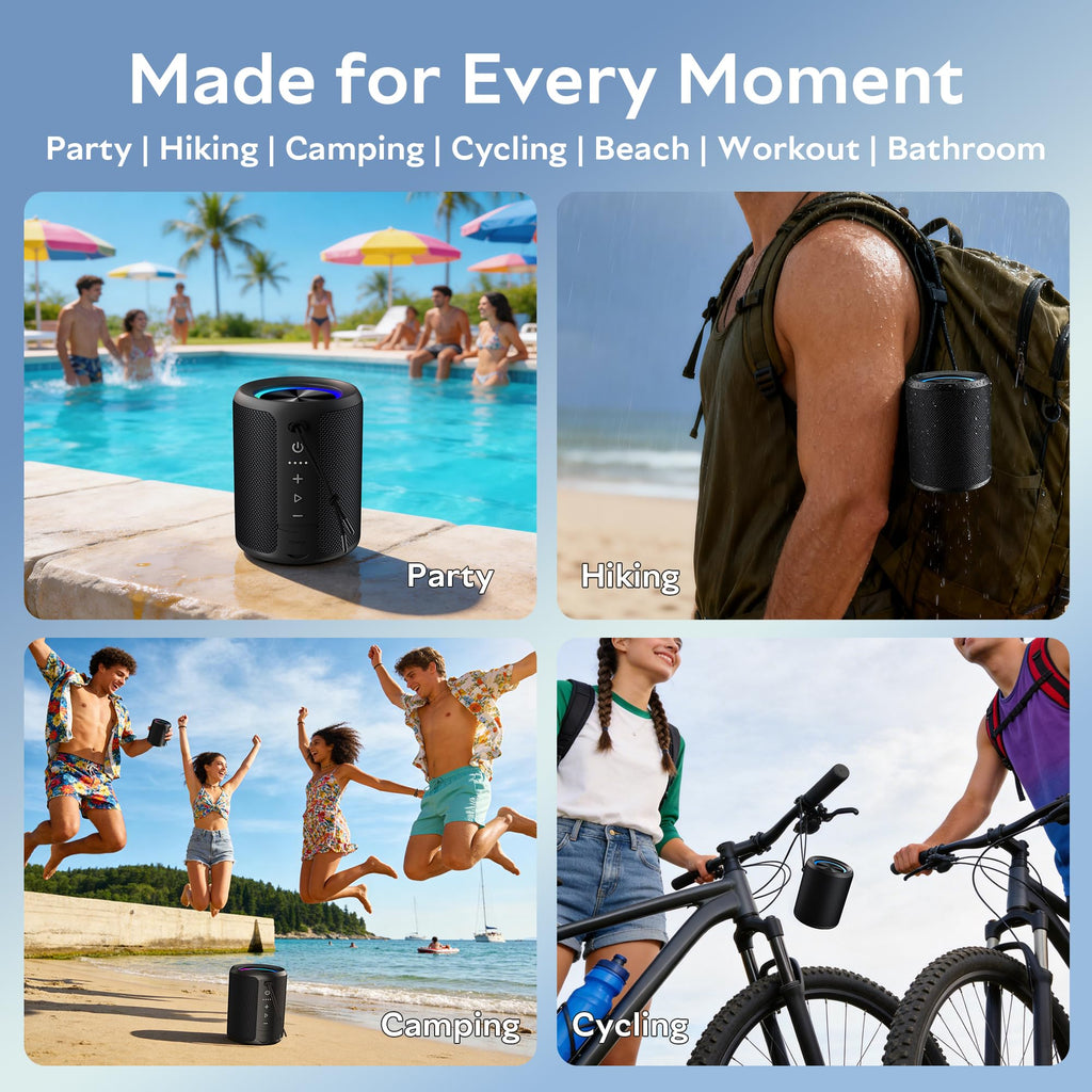 DUDGSIS Portable Bluetooth Speaker, IPX7 Waterproof Wireless Speaker with 20W Loud Stereo Sound, 15H Playtime & Beat-Synced RGB Light, Small Outdoor Speaker for Shower, Pool, Beach, Hiking and Gifts
