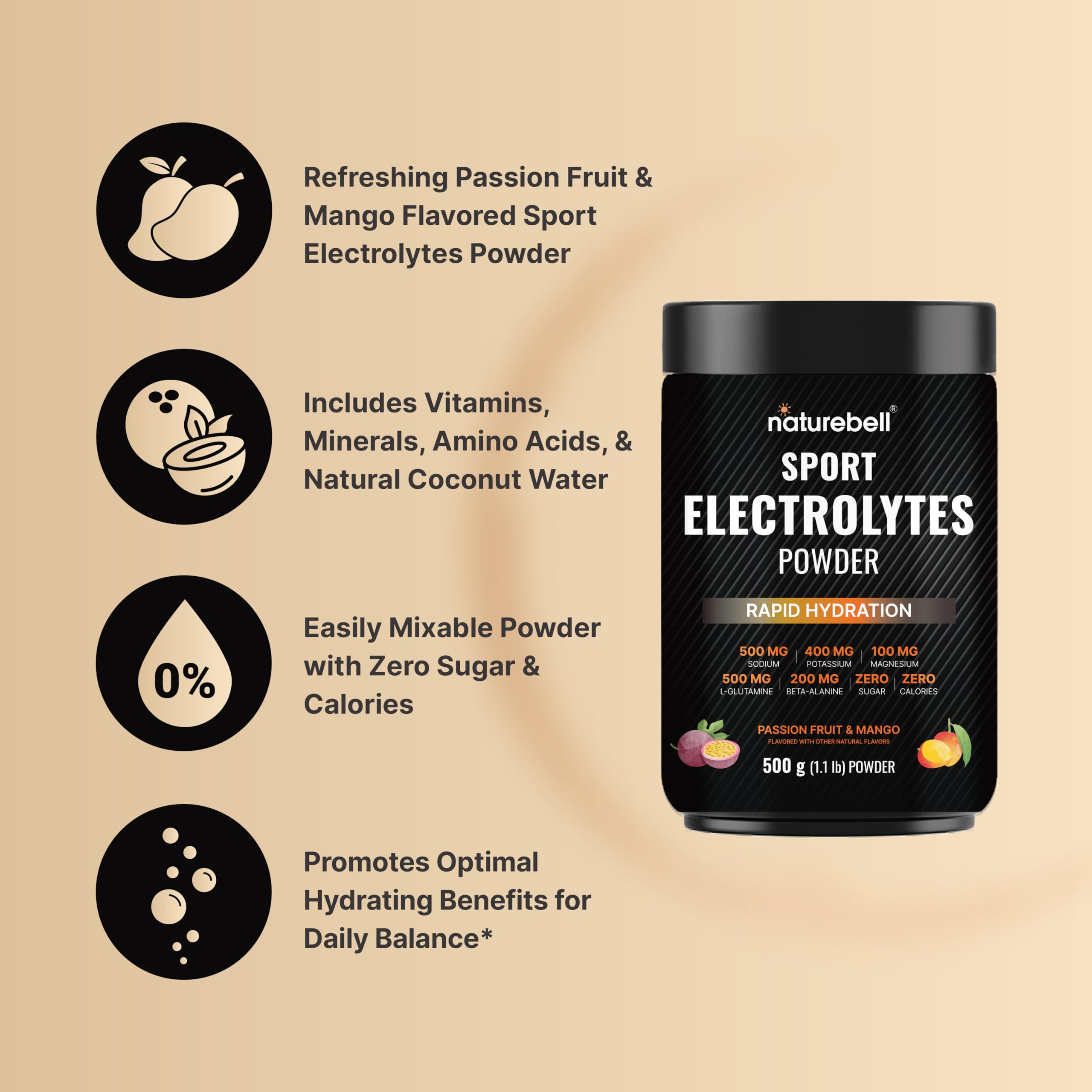 Sport Electrolytes Powder No Sugar, 500g (52 Servings) | Electrolyte Hydration Drink Mix with Sodium, Potassium, Magnesium, L-Glutamine, Beta Alanine, & Coconut Water – Passion Fruit & Mango Flavor