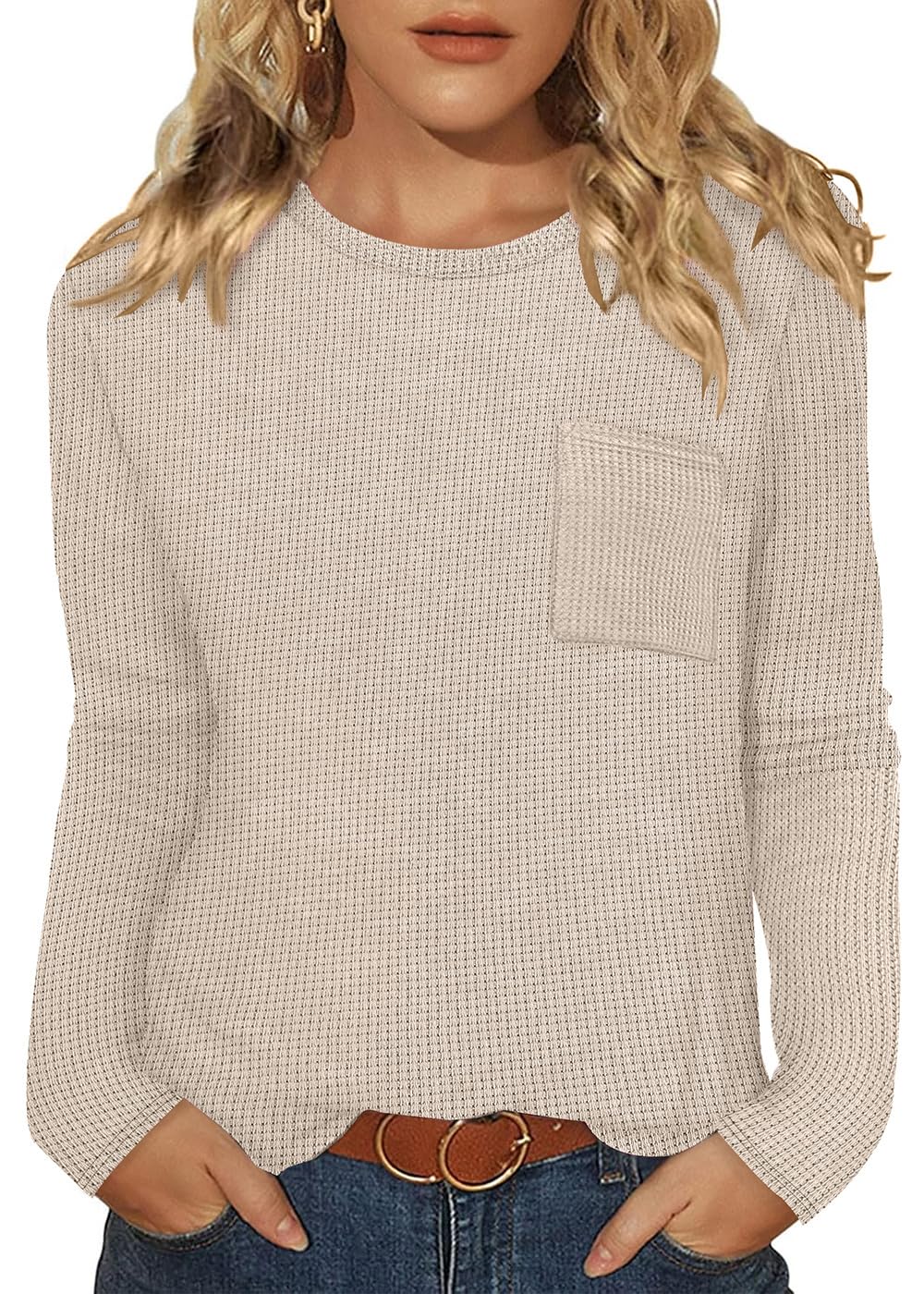 Business Casual Outfits for Women Trendy Spring Fashion 2026 Dressy Long Sleeve Tops Cute Comfy Womens Tops Lightweight Basic Blouses Waffle Knit Winter Clothing for Women Apricot XL