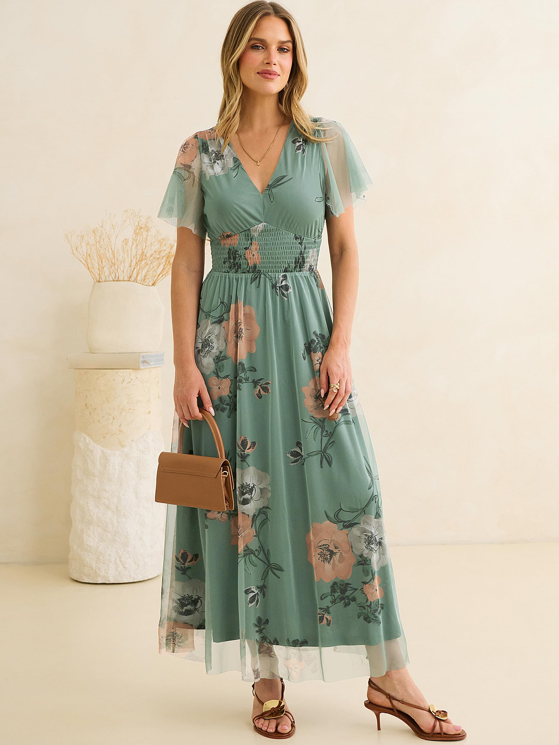 ANRABESS Women Summer Floral Maxi Dress Short Sleeve Boho Flowy Tulle Beach Vacation Wedding Guest 2026 Party Long Dresses Dusty Olive Floral Medium