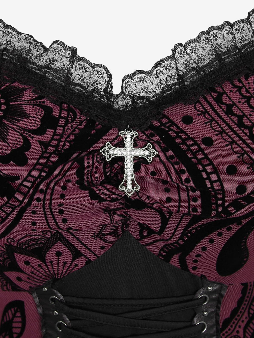 ROSE GAL Plus Size Gothic Lace Up Cross Flocking Floral Mesh Panel Layered Ruffles Cold Shoulder A Line Knee Length Flowy Dress(Red/L)