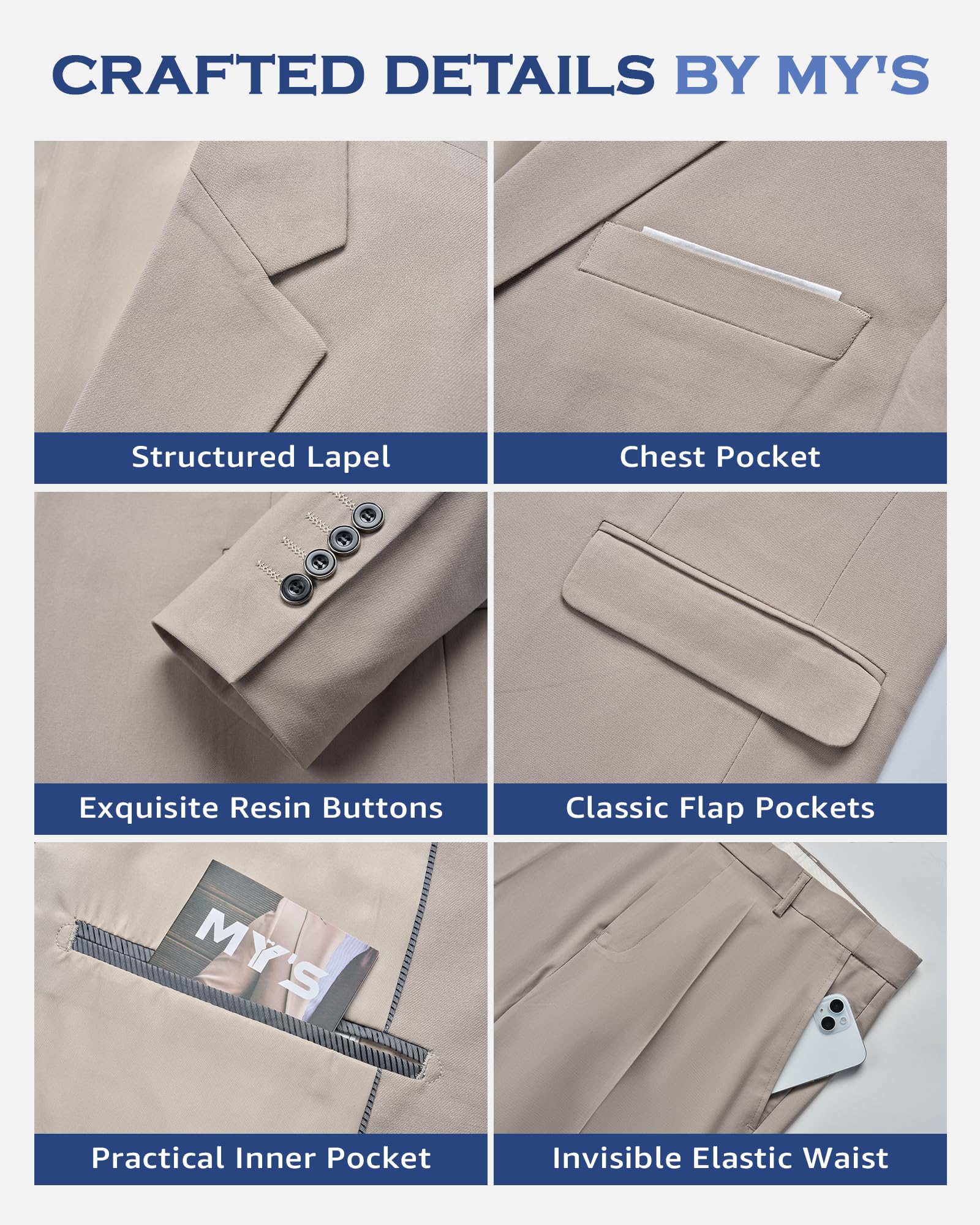 MY'S Men's 3 Piece Slim Fit Suit Set, 2 Button Blazer Jacket Vest Pants with Tie, Solid Wedding Dress Tux and Trousers Deep Grey