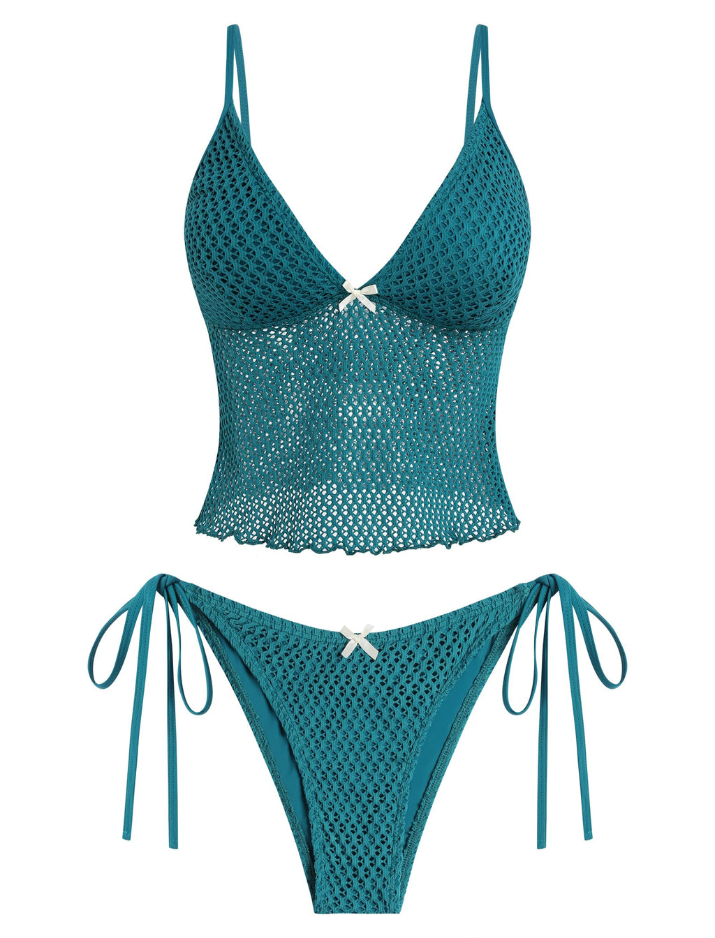 ZAFUL Tankini Swimsuits for Women Lace Jacquard Bowknot Decor Tummy Control High Cut Tanga Tankini Set(B-Peacock Blue, M)
