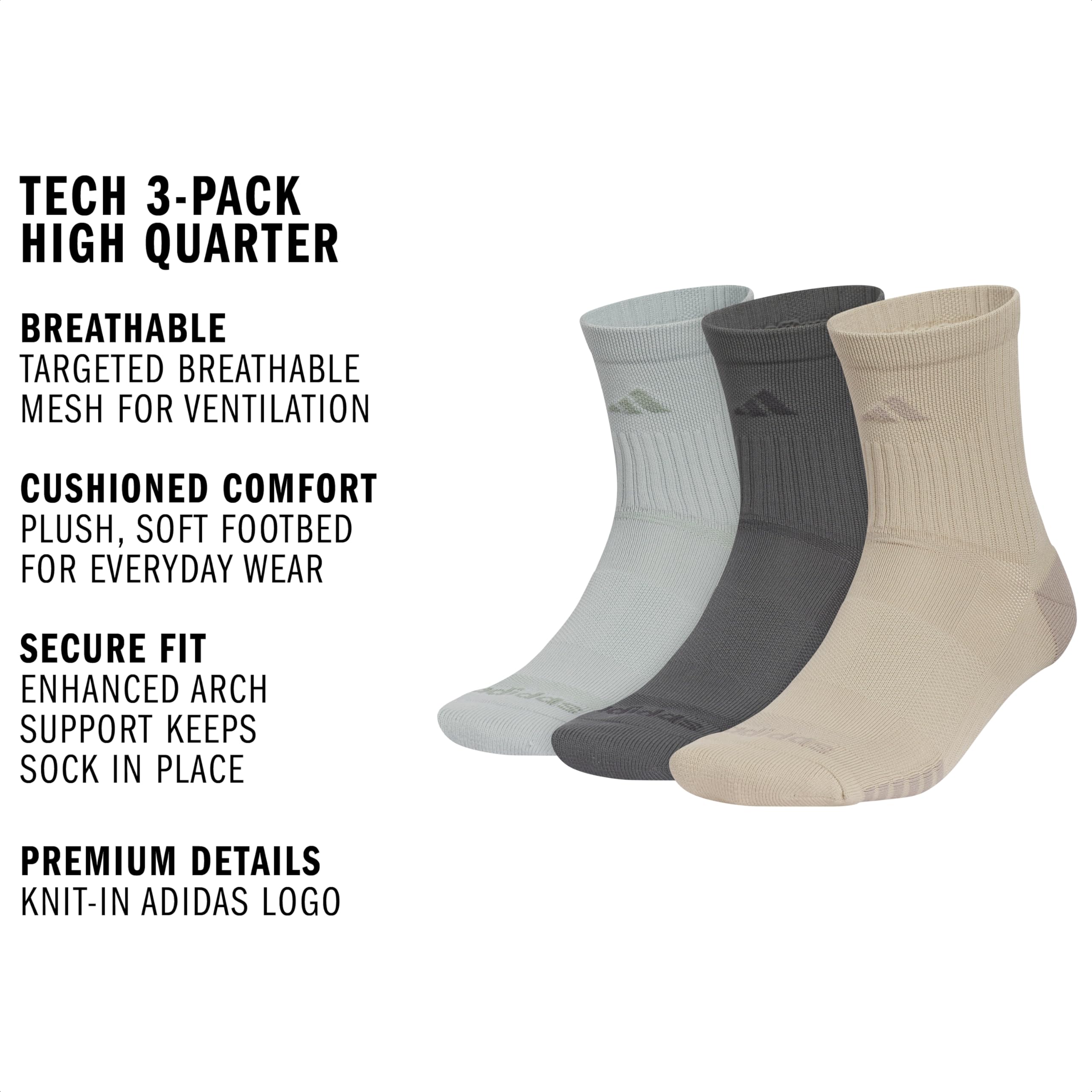adidas Mens Tech High Quarter Socks (3 Pairs) Performance & Training