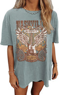 Oversized Rock Band T-Shirt Women Country Music Shirt Tops Nashville Music City Tshirt Vintage Guitar Wings Graphic Tees(X-Large,Green)