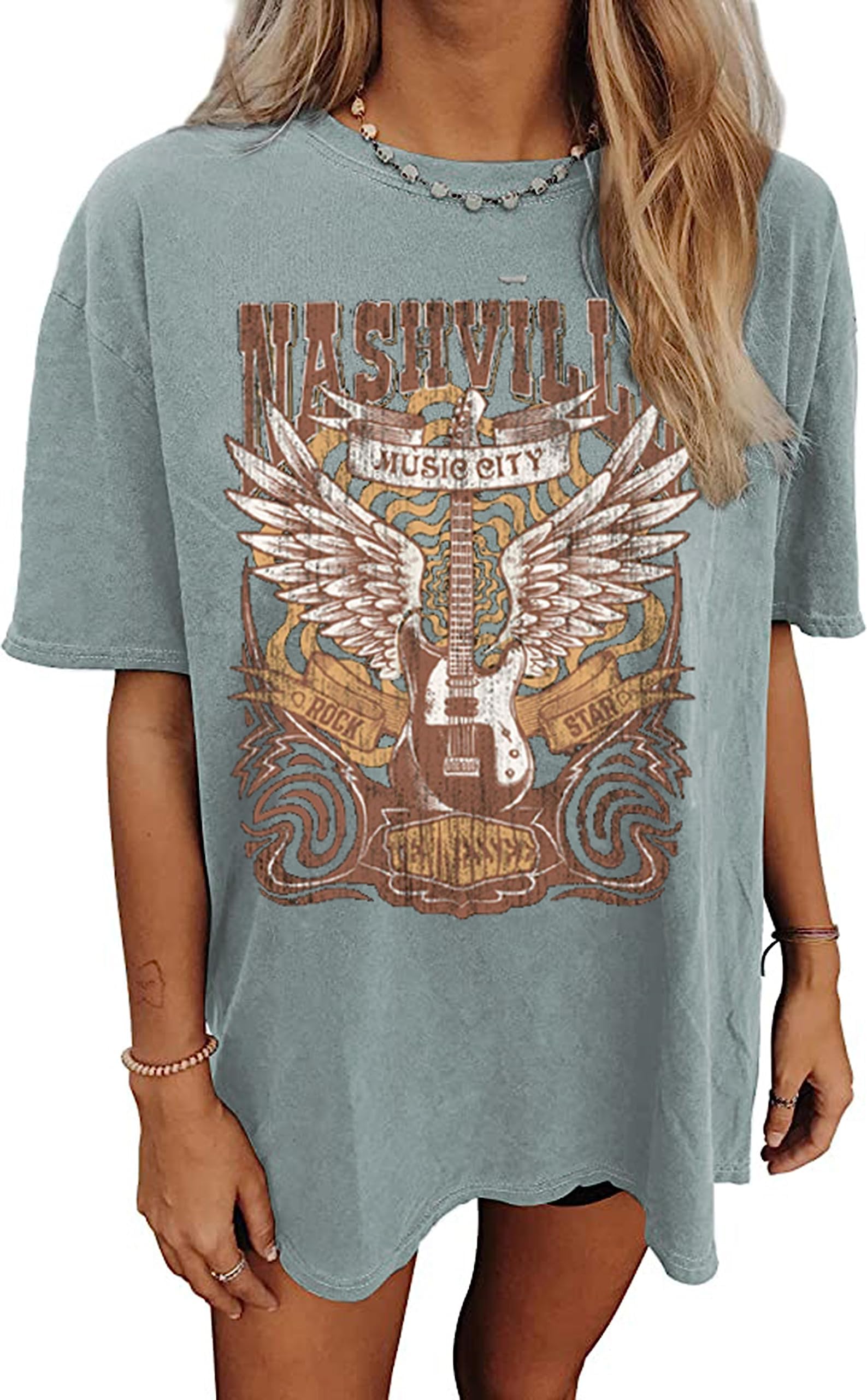 Oversized Rock Band T-Shirt Women Country Music Shirt Tops Nashville Music City Tshirt Vintage Guitar Wings Graphic Tees(X-Large,Green)