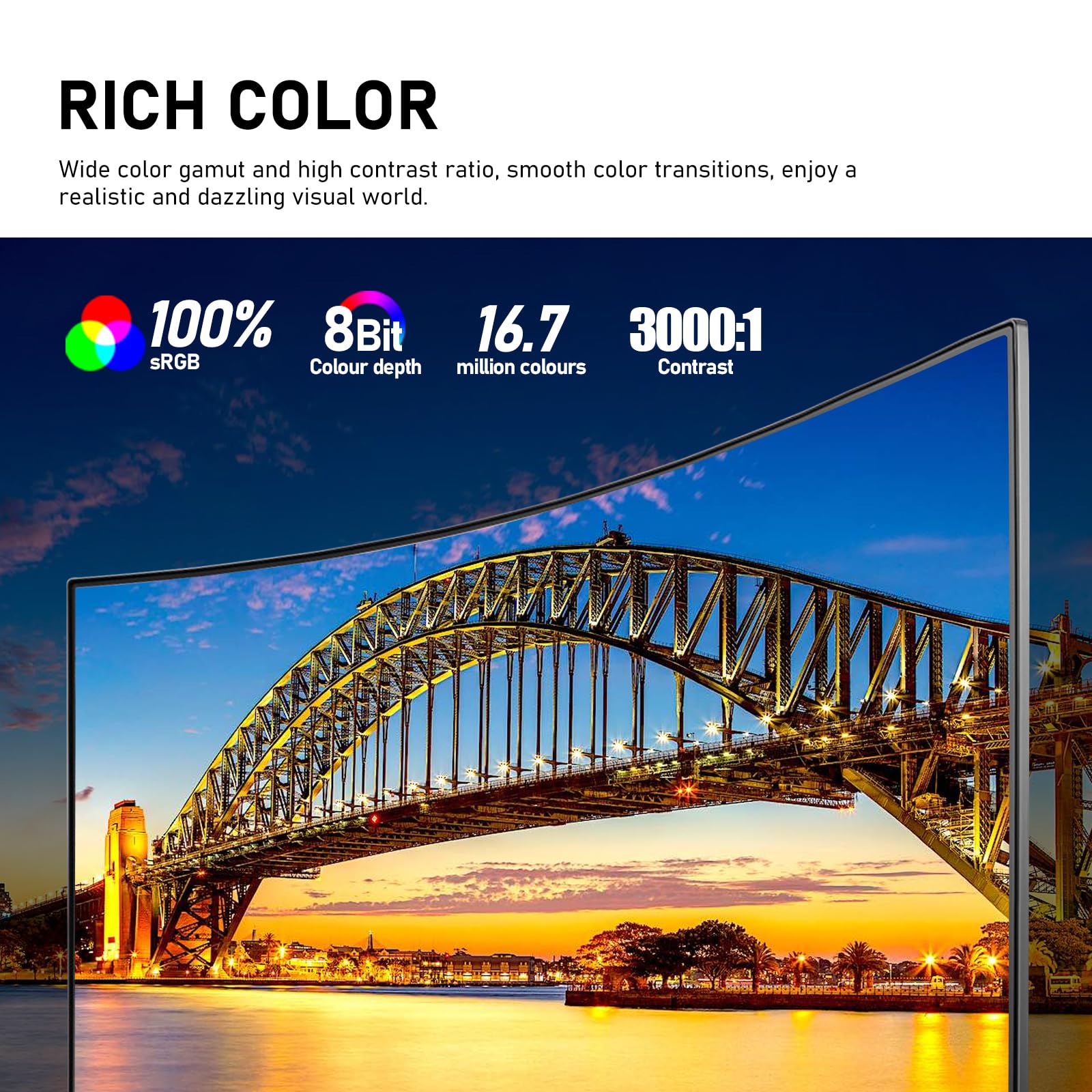 Gawfolk 32 Inch 4K UHD Curved 1500R Computer Monitor, Ultra-Clear (3840×2160p) Screen, 100% sRGB, 178° Viewing Angle, DisplayPort, HDMI, Compatible with Wall Mounting 100 * 100MM - Black