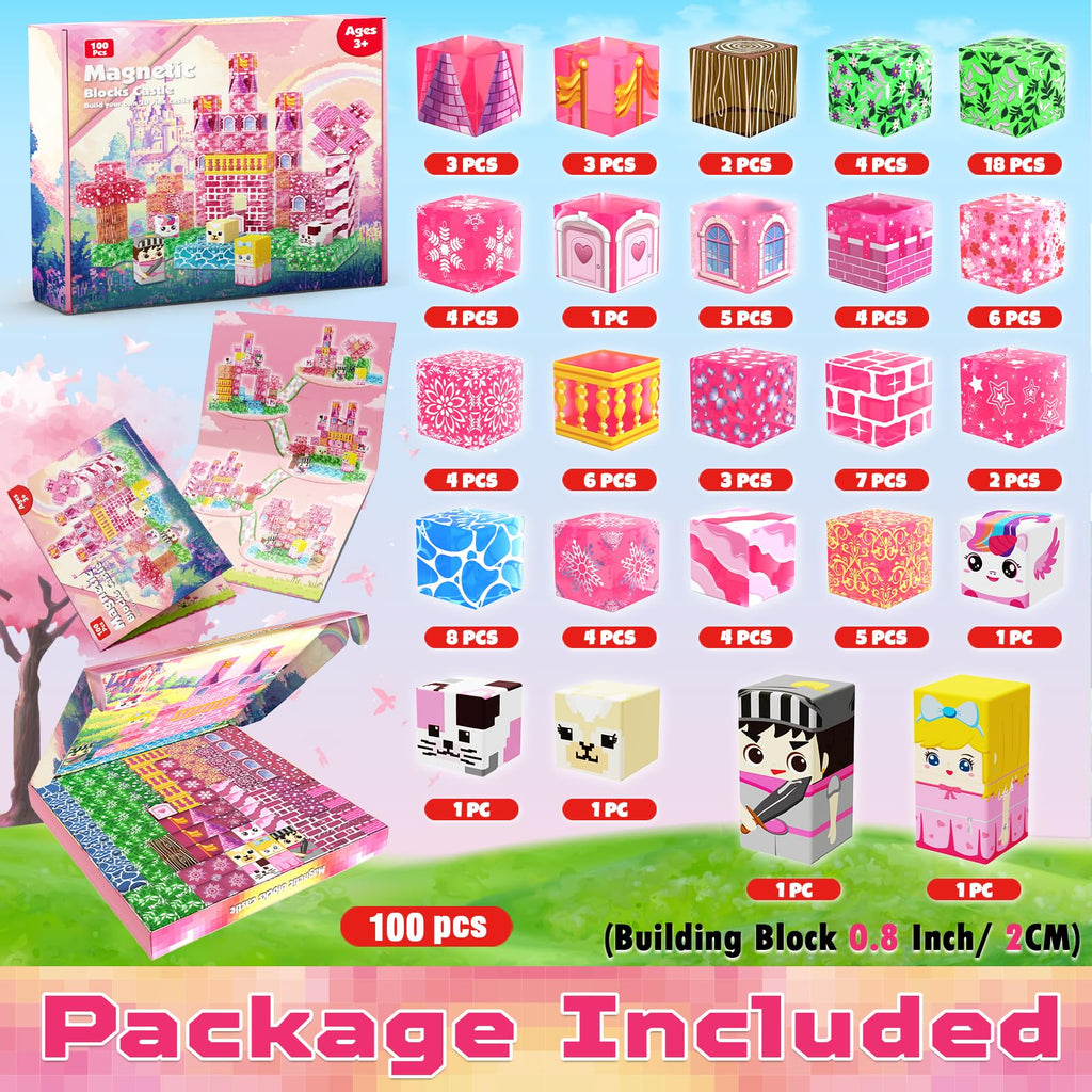 Magnetic Blocks - 100PCS Magnetic Building Block Cubes, Magnet Blocks Transparent Castle Princess Toy Building Sets for Kids, STEM Stacking Magnets Toys, Easter Birthday Gift for Boys Girls Age 4-8