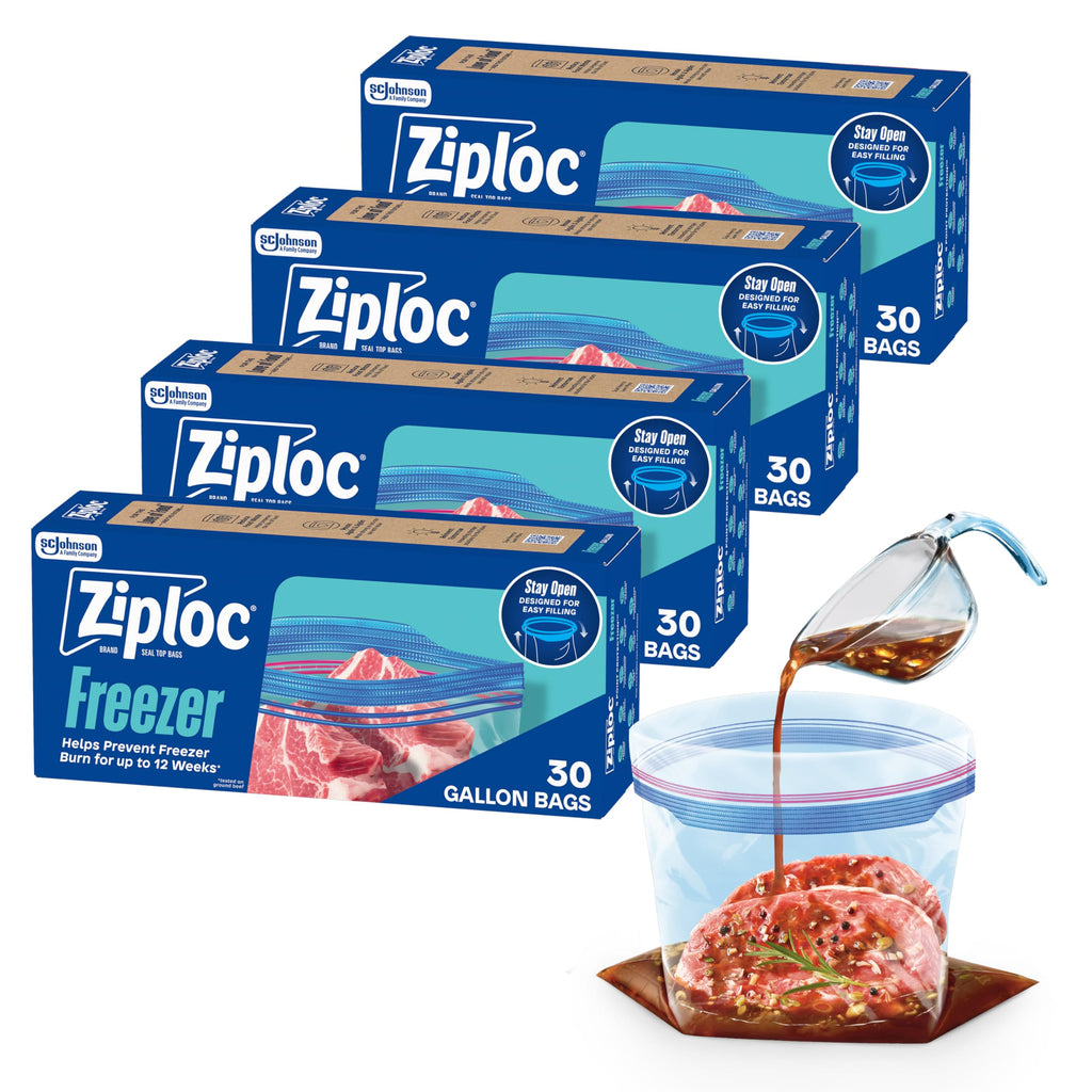 Ziploc Gallon Food Storage Freezer Bags, 120ct Total, Stand-Up Bottom, Easy to Fill, 30 Count, 4 Pack (Packaging May Vary)