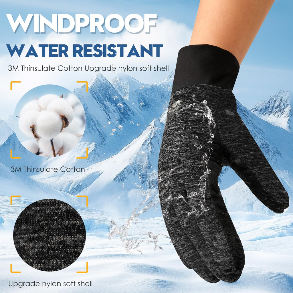 Bruvoalon Winter Gloves for Women & Men, 3M Thermal Insulation, Lycra Fabric, Touchscreen, Anti-Slip, Black/Gray, L