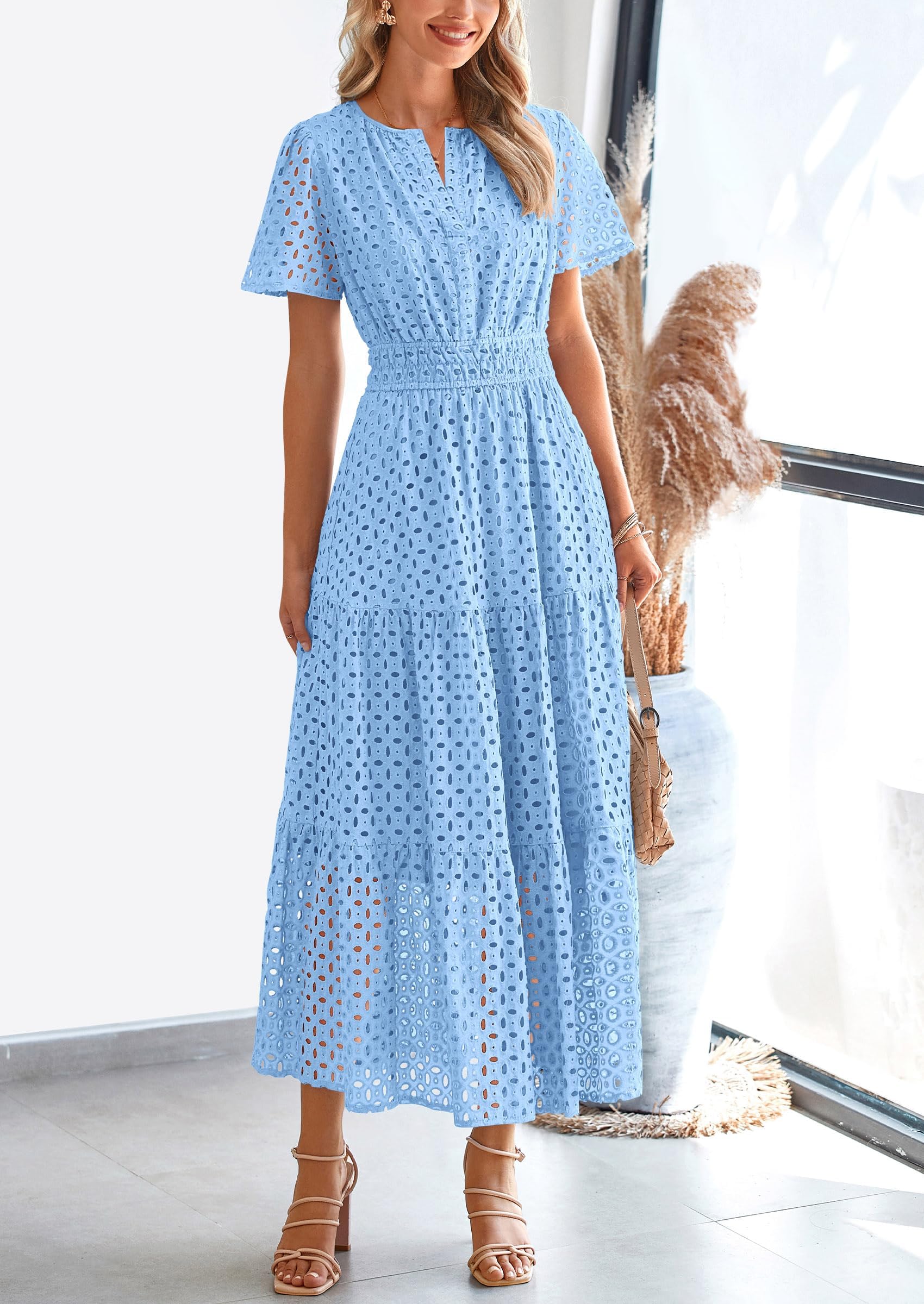 PRETTYGARDEN Womens 2025 Summer Maxi Dress Short Sleeve V Neck Hollow Out Eyelet A Line Long Flowy Beach Vacation Dresses (Light Blue,Medium)