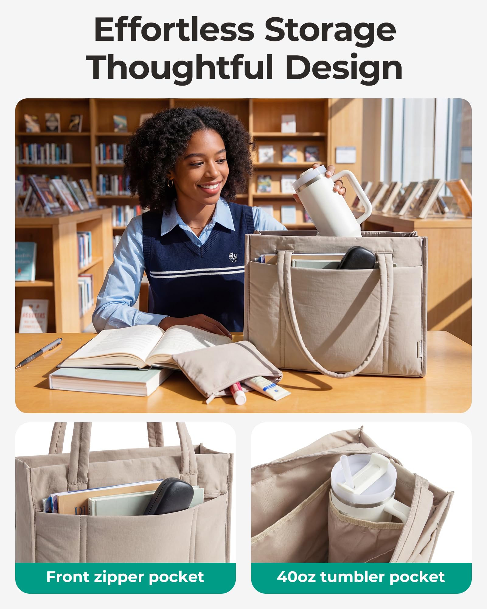 BAGSMART Tote Bag for Women, 2Pc Puffy Tote Bag Set with Zipper, Quilted Large Nurse Work Teacher Bag for Travel, Brown