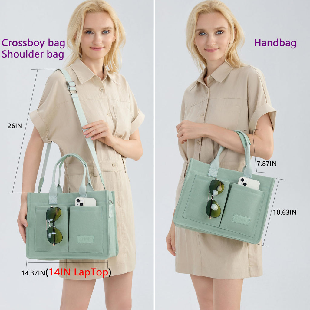 ZHMO Canvas Tote Bag for Women With Compartments and Pockets,Women's Bags Crossbody Bags Work Laptop Tote Bag Large Satchels Handbags Tote Purse Everyday Shoulder Bag for Travel Nurse Teacher Church