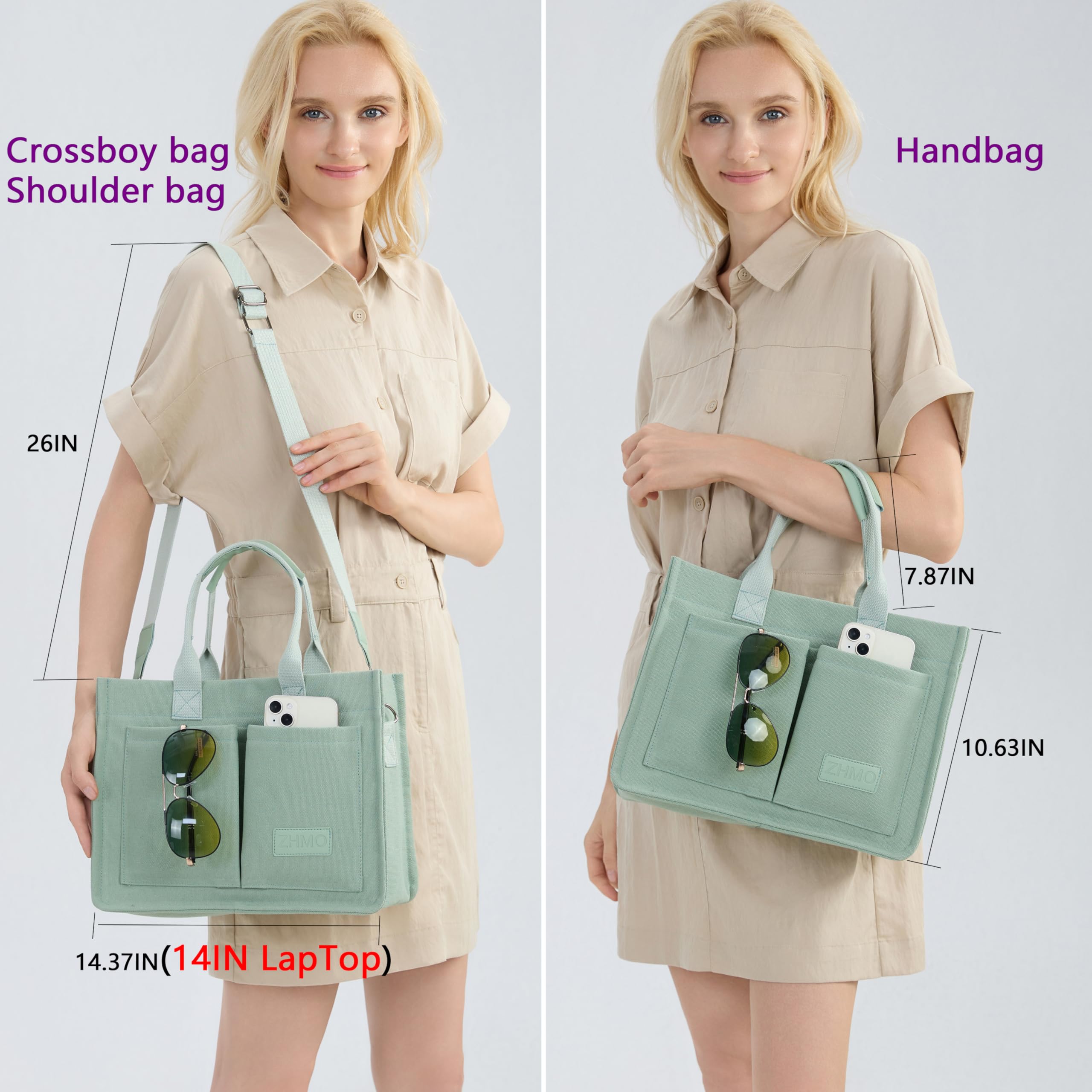 ZHMO Canvas Tote Bag for Women With Compartments and Pockets,Women's Bags Crossbody Bags Work Laptop Tote Bag Large Satchels Handbags Tote Purse Everyday Shoulder Bag for Travel Nurse Teacher Church