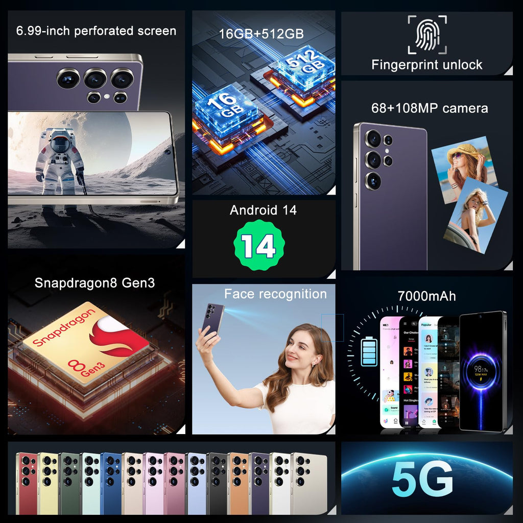 MMY I25 Ultra 5G Unlocked Smartphone,16GB+512GB Fully Cell Phone for Android 14, 6.99" Unlocked Cell Phone, 7000mAh, 68MP+108MP Dual Camera/Dual SIM/Fingerprint Lock/Face (Purple)