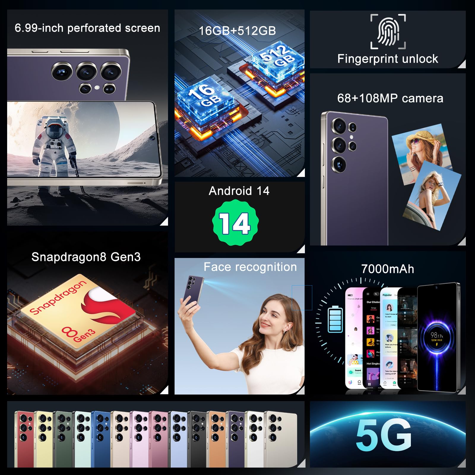 MMY I25 Ultra 5G Unlocked Smartphone,16GB+512GB Fully Cell Phone for Android 14, 6.99" Unlocked Cell Phone, 7000mAh, 68MP+108MP Dual Camera/Dual SIM/Fingerprint Lock/Face (Purple)