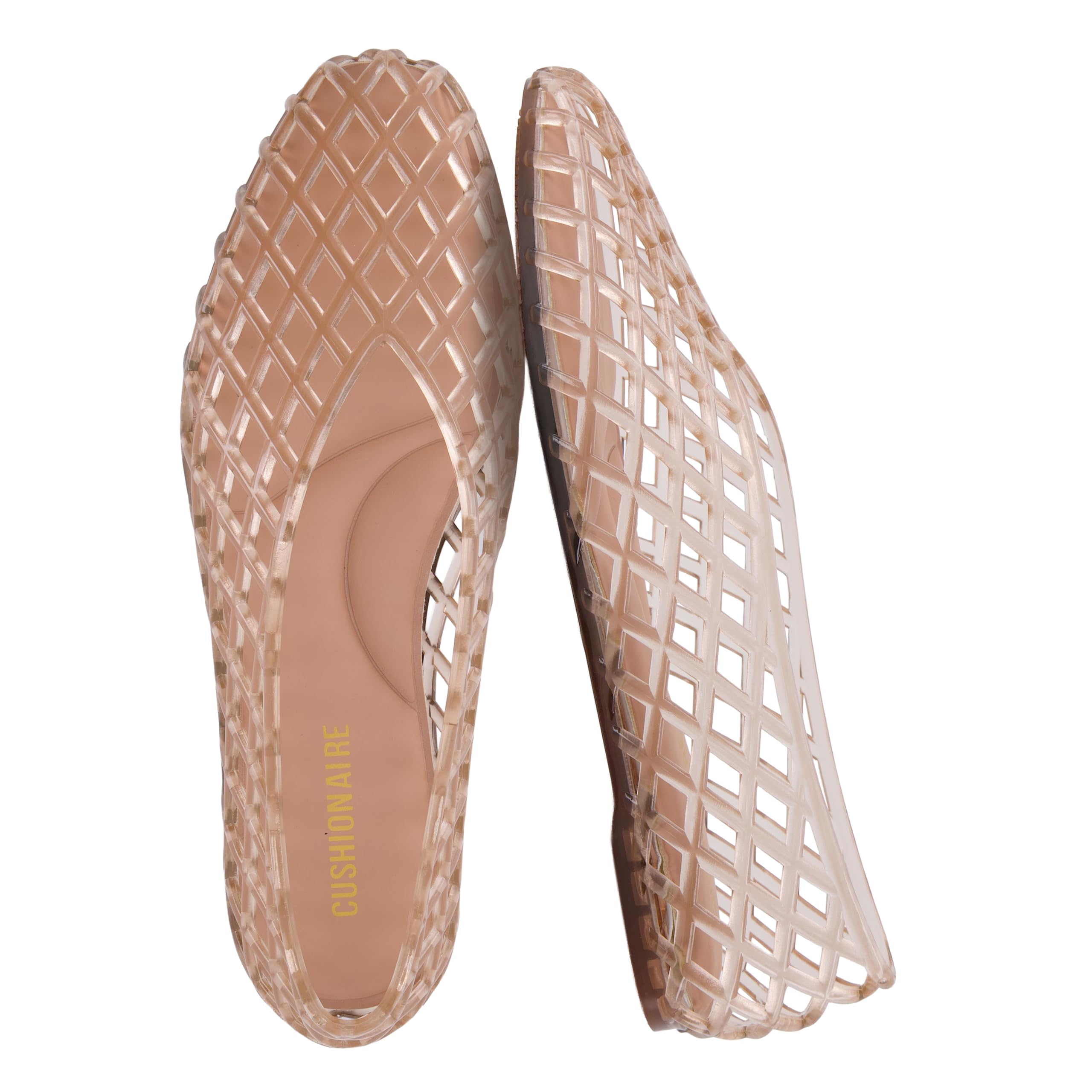 CUSHIONAIRE Siesta Modern Lattice Ballet Flats for Women, Comfortable Slip On Pointed Toe Womens Jelly Shoes, MOCHA 7