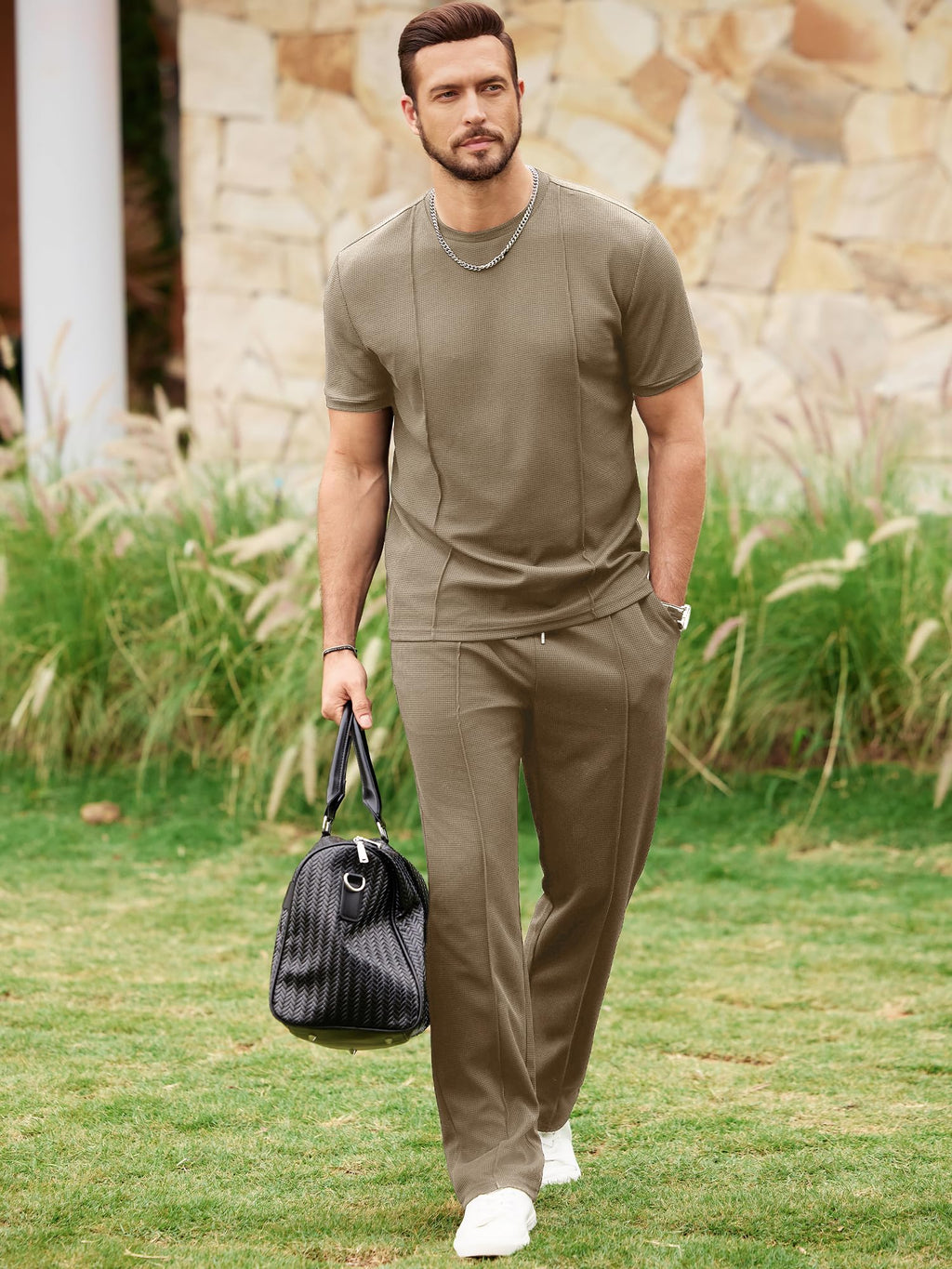 JMIERR Men's 2 Piece Crewneck Short Sleeve Shirts and Loose Pants Casual Summer Beach Vacation Cruise Outfits for Men,M,Khaki