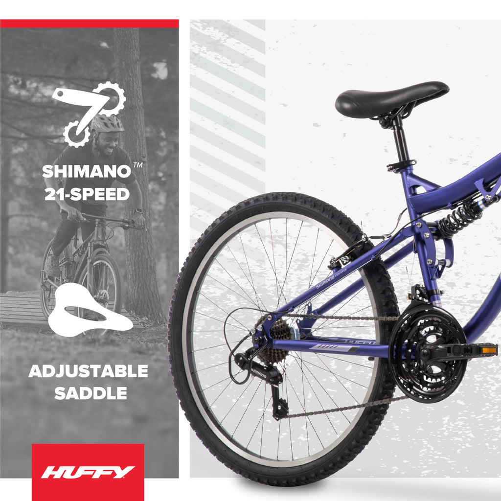 Huffy Stone Mountain Womens 26 Inch Mountain Bike, Midnight Purple Frame, 21-Speed Shimano Twist Shifting, Dual Suspension, Comfort Saddle | 20"/24"/26" Sizes, 6-21 Speeds, Dual Suspension Available |